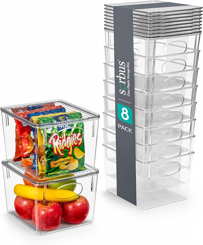 Sorbus Contenedores de almacenamiento de plástico medianos con tapas (paquete de 8) – Contenedores transparentes para organización de cocina, despensa, refrigerador, gabinete y refrigerador – Contenedores de almacenamiento apilables