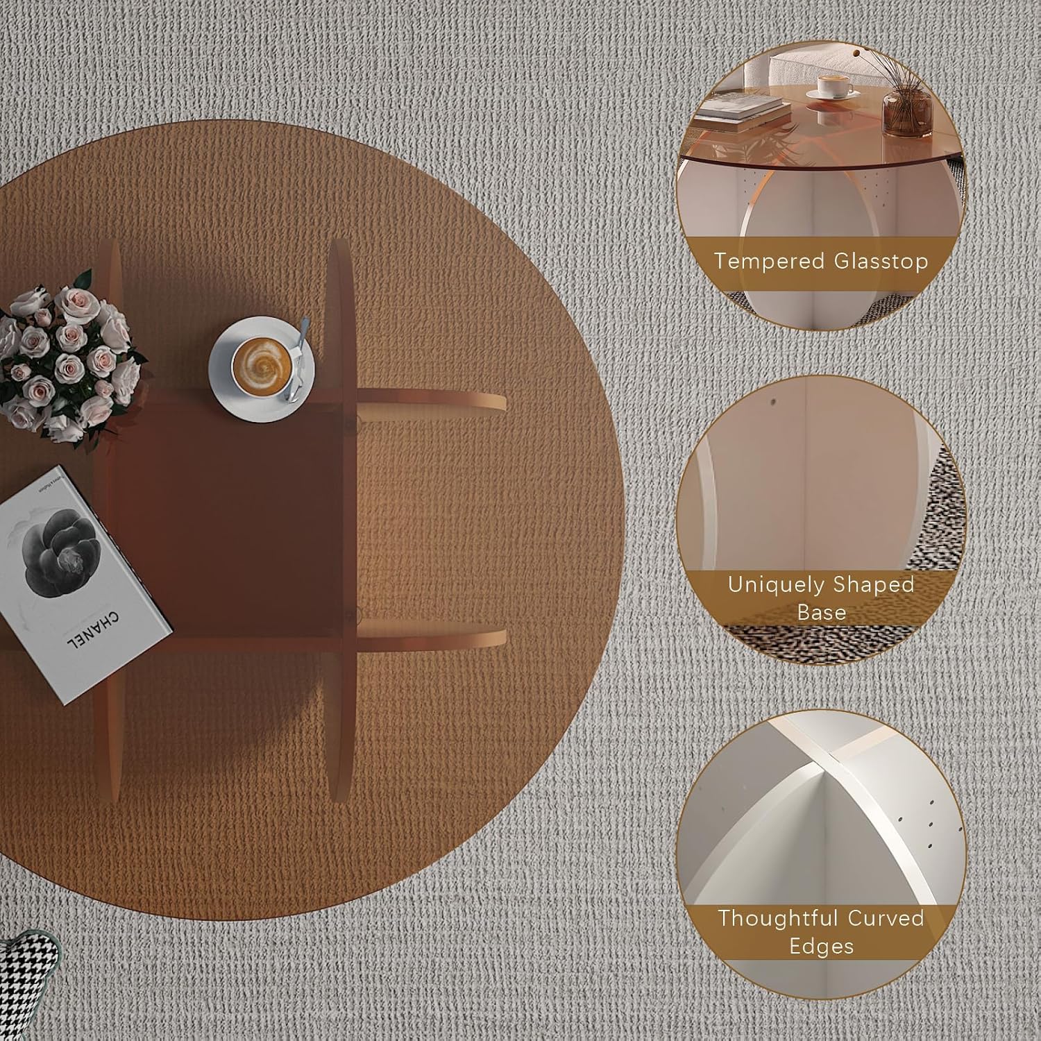 Round Coffee Table with Glass Top,Center Table with Storage for Living Room,Small Spaces, Office, and Lounge,32" Brown Glass Coffee Table