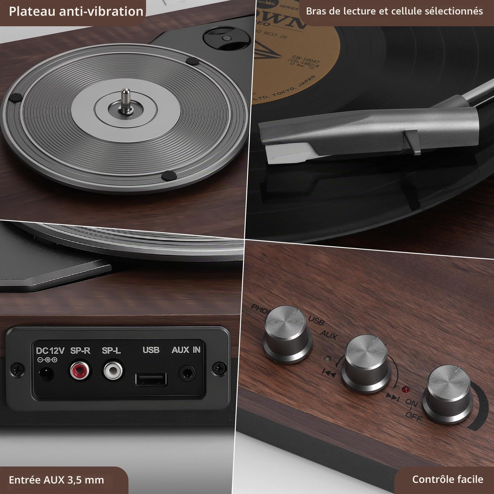 Tourne-disque 3 vitesses, 2 haut-parleurs extérieurs 15 W, Bluetooth, entrée auxiliaire, USB, LP-MP3, lecteur vinyle vintage, bois foncé