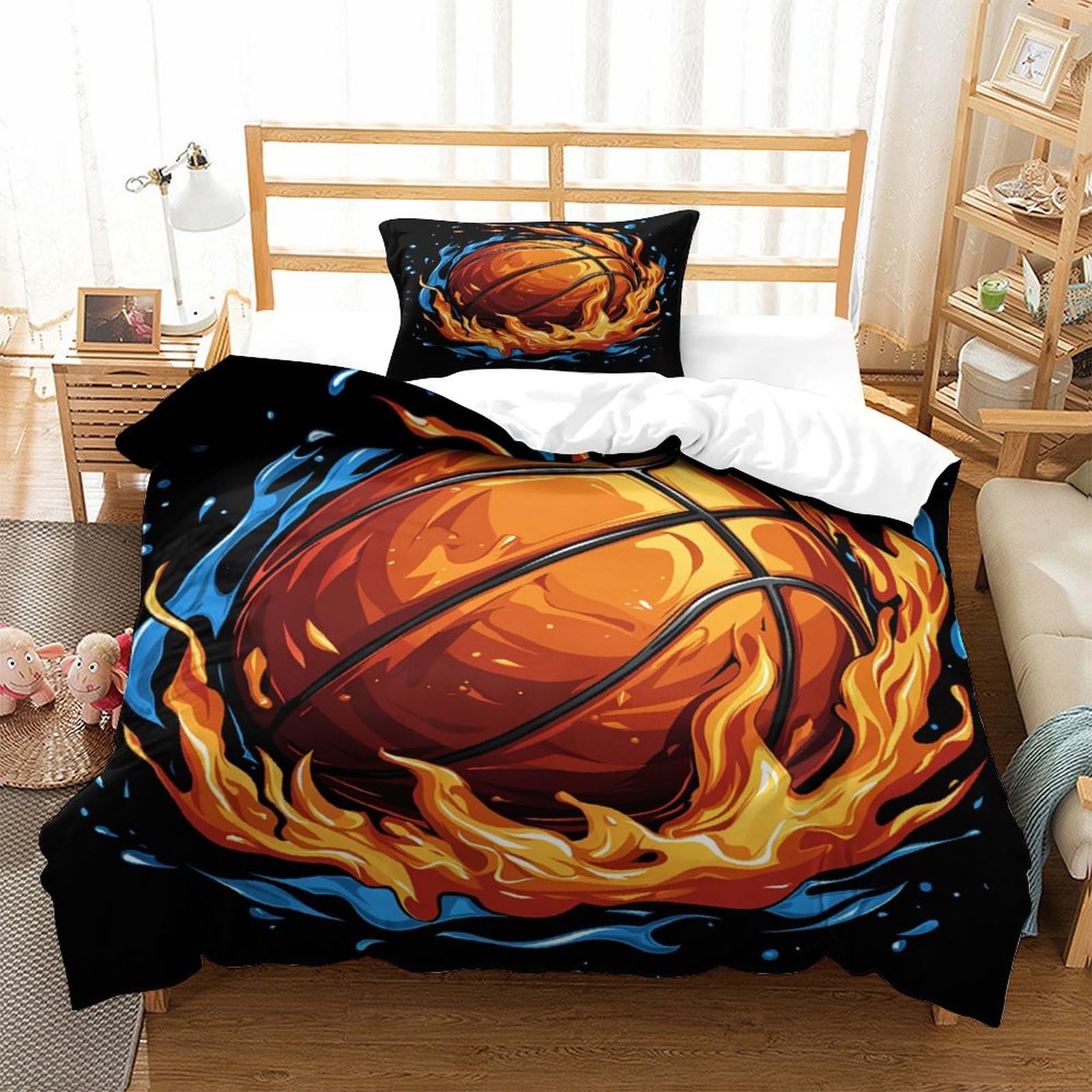 P1s9u7w5y Basketball-1 Flaming Basketball 3D Printed Duvet Cover Set 3Pcs Microfiber Sports Basketball Bedding Set Single（135X200cm）