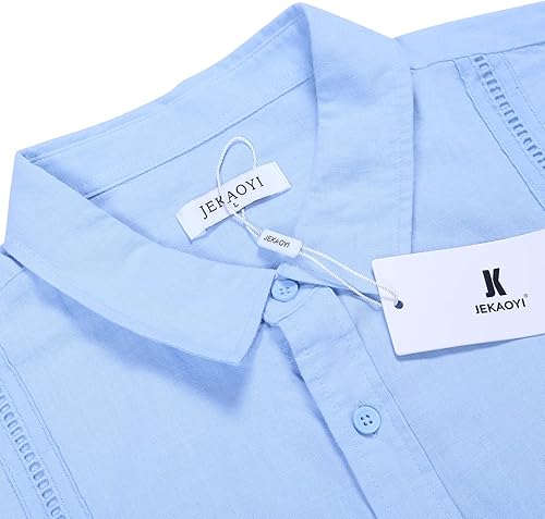 Miniatura 3 de JEKAOYI Camisas casuales de lino de algodón de manga larga para hombre, con botones, lisas, lisas, enrollables, para verano y playa