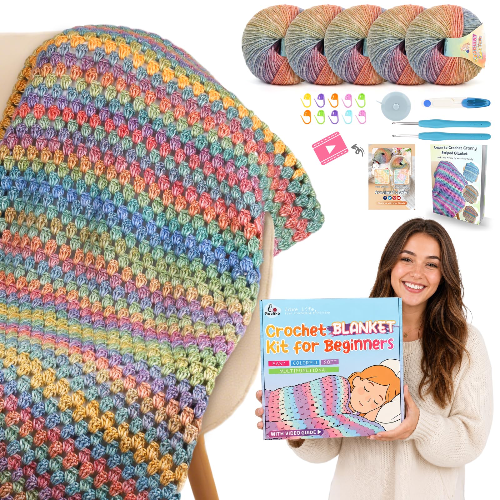 Aeelike Crochet Blanket Kit for Beginner, Easy Blanket Crochet Kit, Rainbow