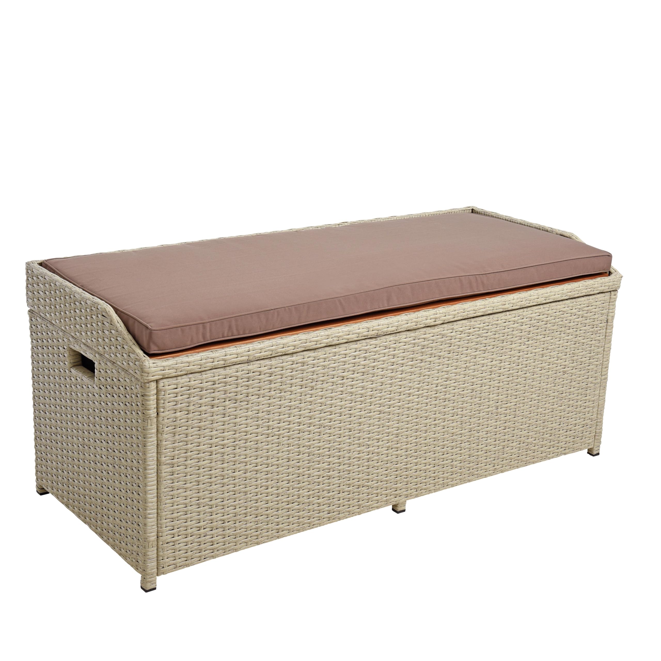 ESTEXO Polyrattan Gartenbank Sitzbank mit Auflagenbox Kissenbox Rattan Kissentruhe Bank mit Stauraum Beige