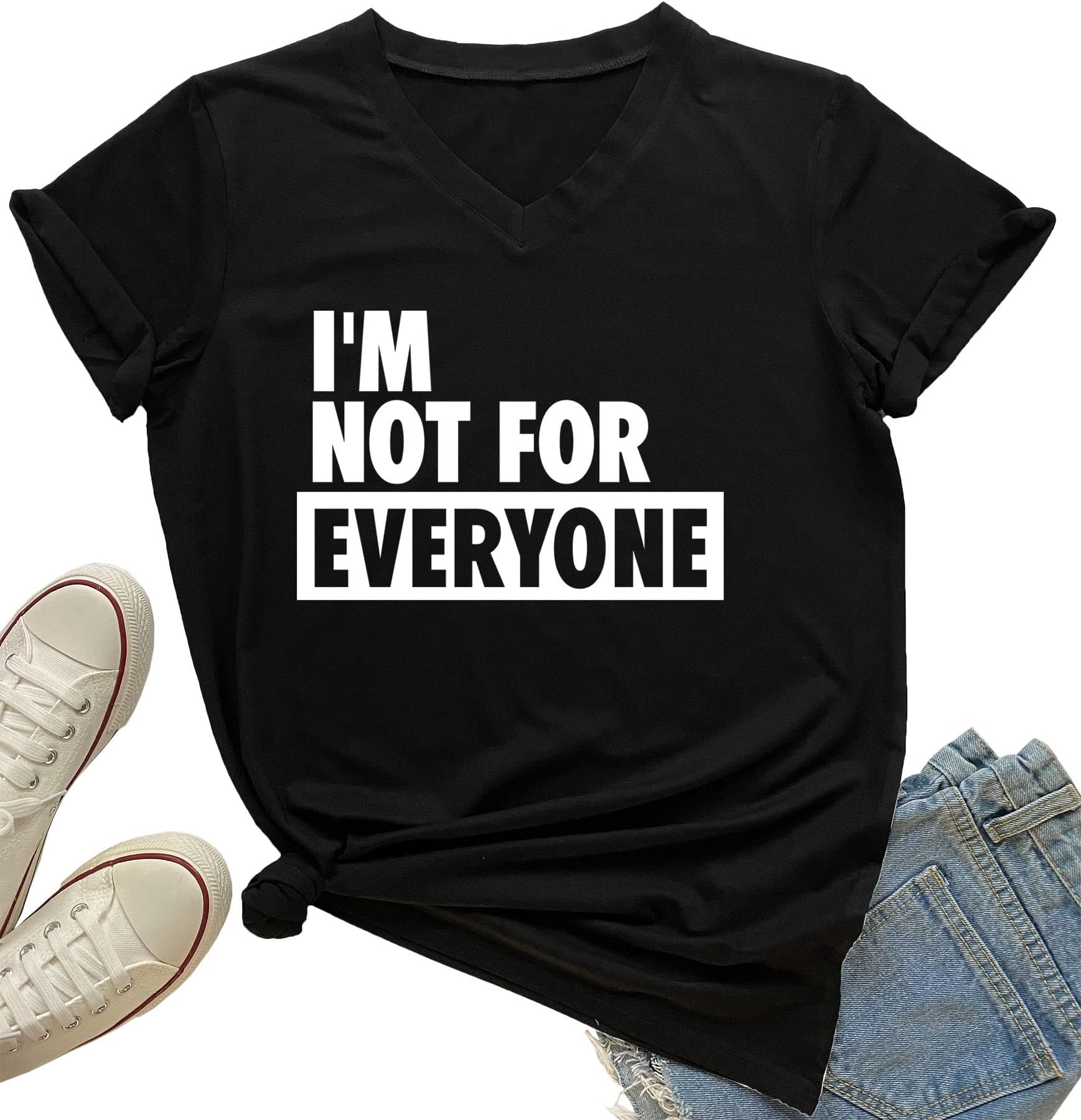 MIMOORN Women's I'm Not for Everyone Shirts Funny Casual V-Neck Graphic Tees, Black, Large