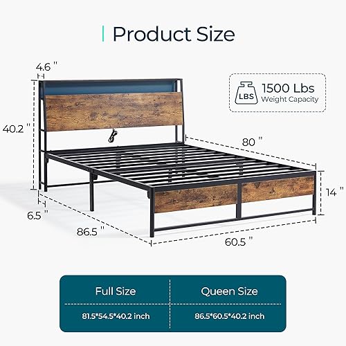 Miniatura 9 de LINSY LIVING Base de cama Queen con cabecero, marco de cama industrial de metal de montaje rápido con luces y carga, marco de cama de 14 pulgadas
