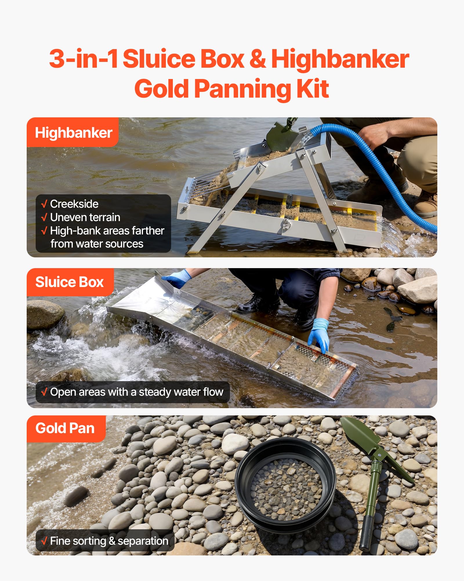 VEVOR Kit per Ricerca dell'Oro Highbanker Pieghevole 3 in 1 da 1270mm, Kit di Prospezione Classificazione Oro Attrezzature Minerarie Portatili da 26pz con Setacci Oro Magneti Zaino e Altri Accessori