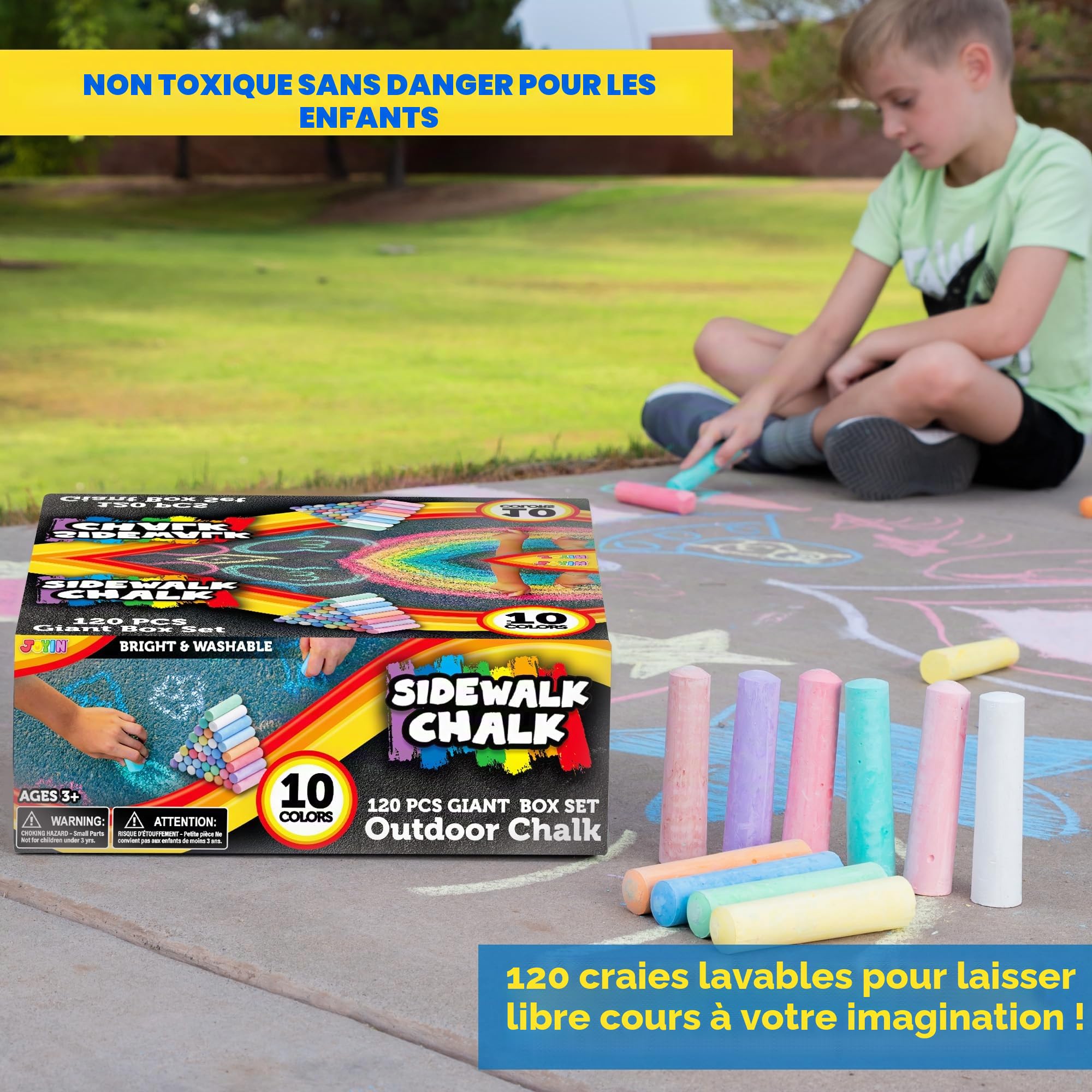 JOYIN Craies de Trottoir pour Enfants Lot de 120 Boîte Géante Non Toxique Lavables 10 Couleurs
