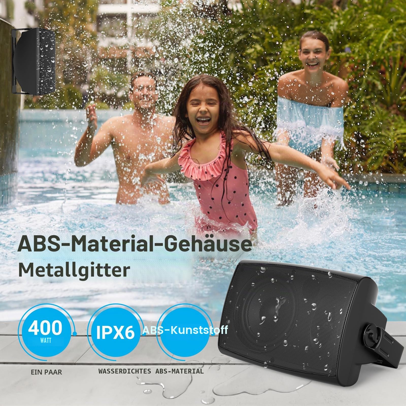 Herdio 6,5 Zoll Outdoor Lautsprecher wasserdicht Passive 2-Wege 400W Wandlautsprecher mit kraftvollem Bass für Patio Home Indoor Poolside Deck Backyard (Paar, Schwarz)