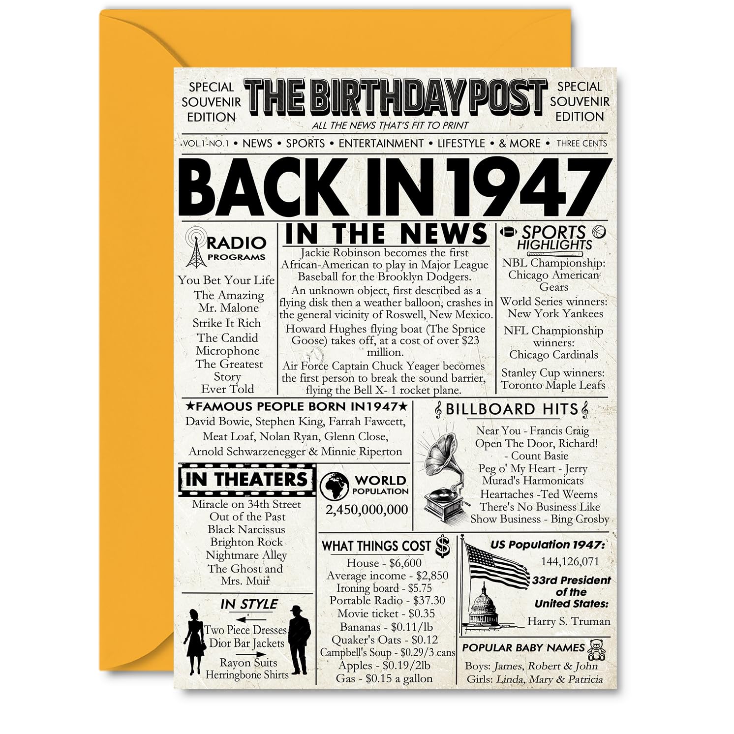 78th Birthday Cards for Men Women - Back In 1947 Newspaper - 78 Happy Birthday Decorations Card for Her Him Grandpa Grandma Dad Mom Uncle Aunt Vintage Retro Born In 1947, A5 Bday Anniversary Cards