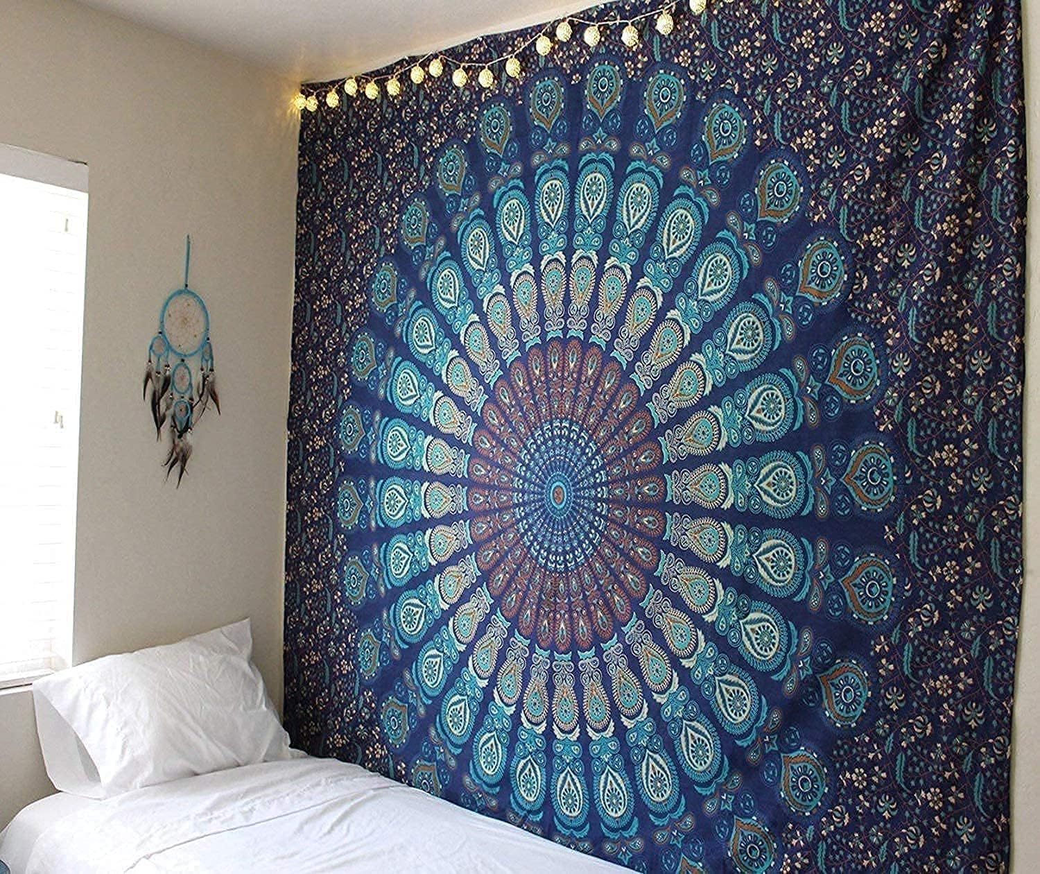 KGM Accessories Mandala Indian cotton Bedroom Wall hanging Decor bed cover Tapestry Throw bedspread Back drop (Blue, double 235 x 215 cm)