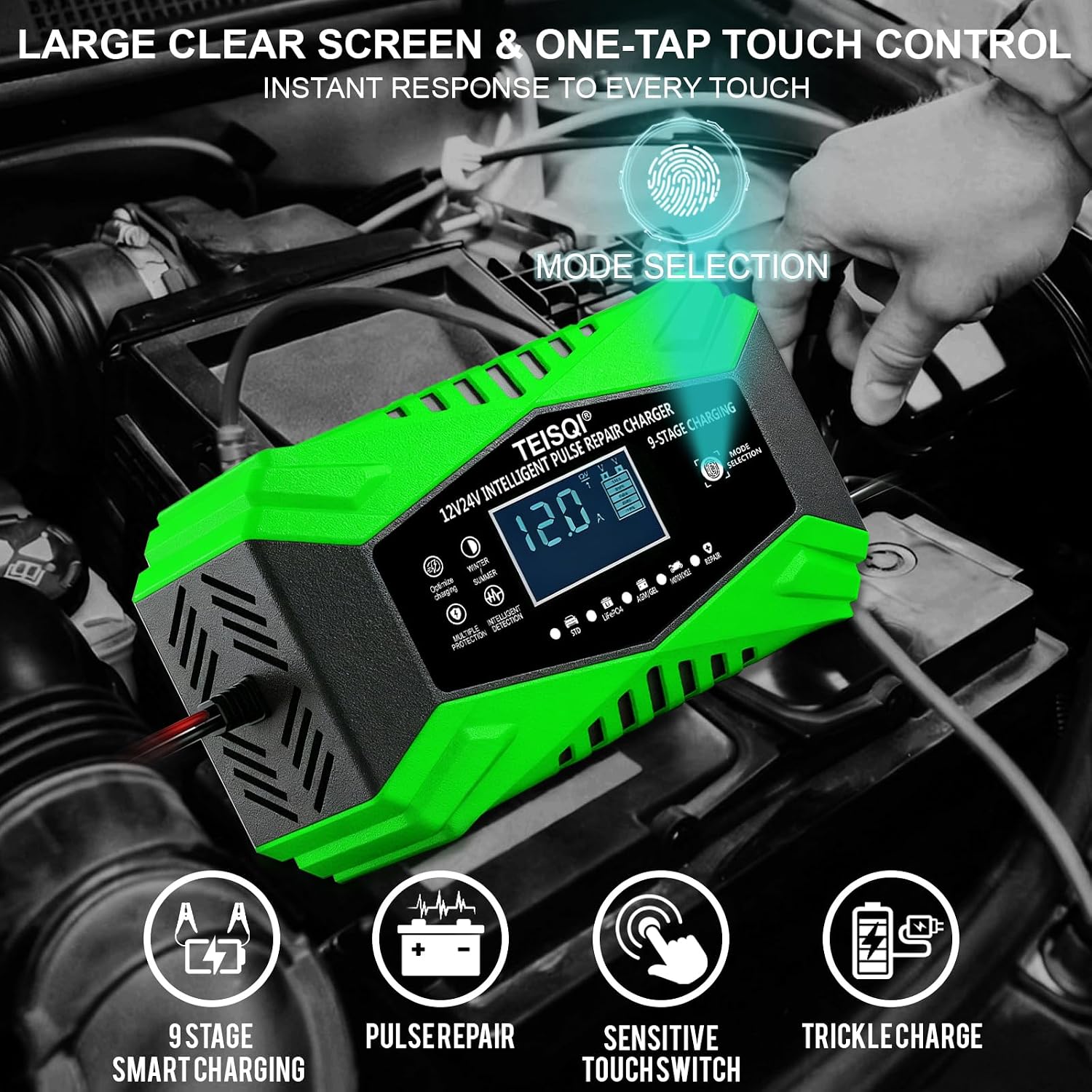 Battery Charger,12-Amp 12V/24V Smart Battery Trickle Charger - Automotive Battery Maintainer Desulfator with Temperature Compensation for Car Motorcycle Mower Marine Lead Acid/LiFePO4 (Green)