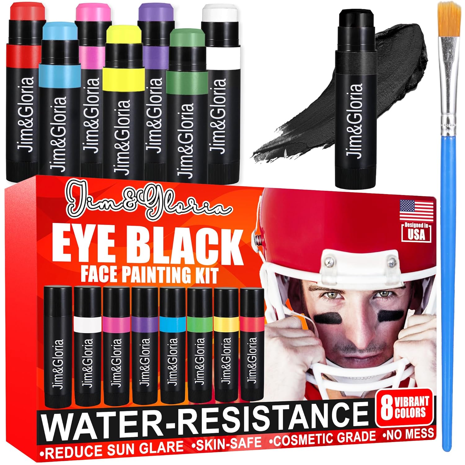 Jim&Gloria Water Resistant Under Eye Black Stick Sports Face Paint Body Markers Makeup Athletes Softball Stuff Lacrosse Baseball Drip Football Gear Game Accessories Gift 8 Colors Eyeblack Painting Kit