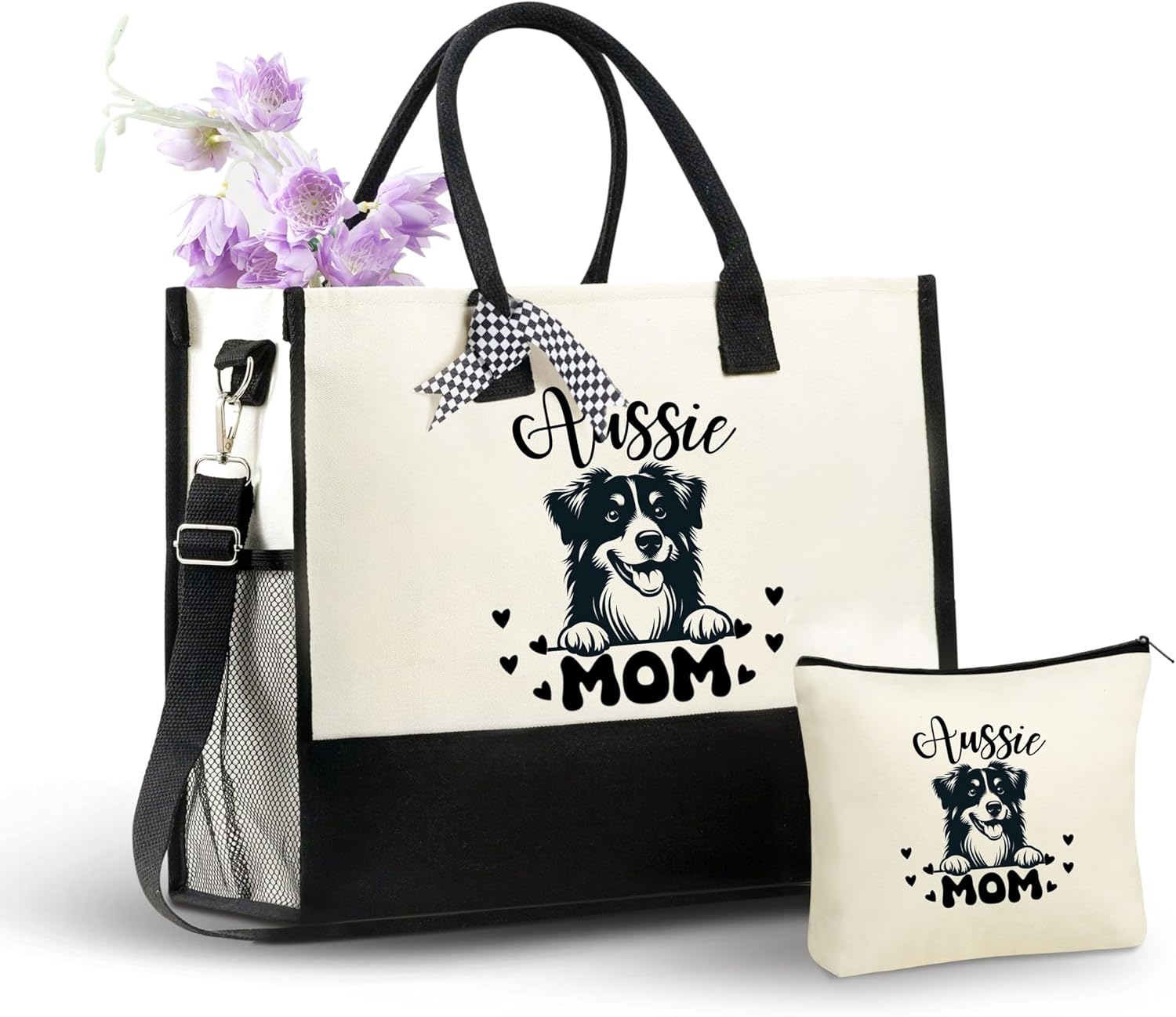InnoBeta Australian Shepherd Gifts Canvas Tote Bag, with Top Zipper Closure and Shoulder Strap for Birthday, Mother's Day, Christmas - Aussie Mom