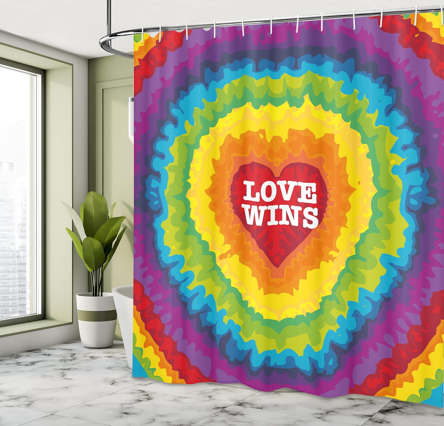 Ambesonne Pride Shower Curtain, Love Wins Celebration Tie Dye Digital Print Backdrop and Rainbow Colors Happiness, Cloth Fabric Bathroom Decor Set with Hooks, 69" W x 75" L, Purple Red