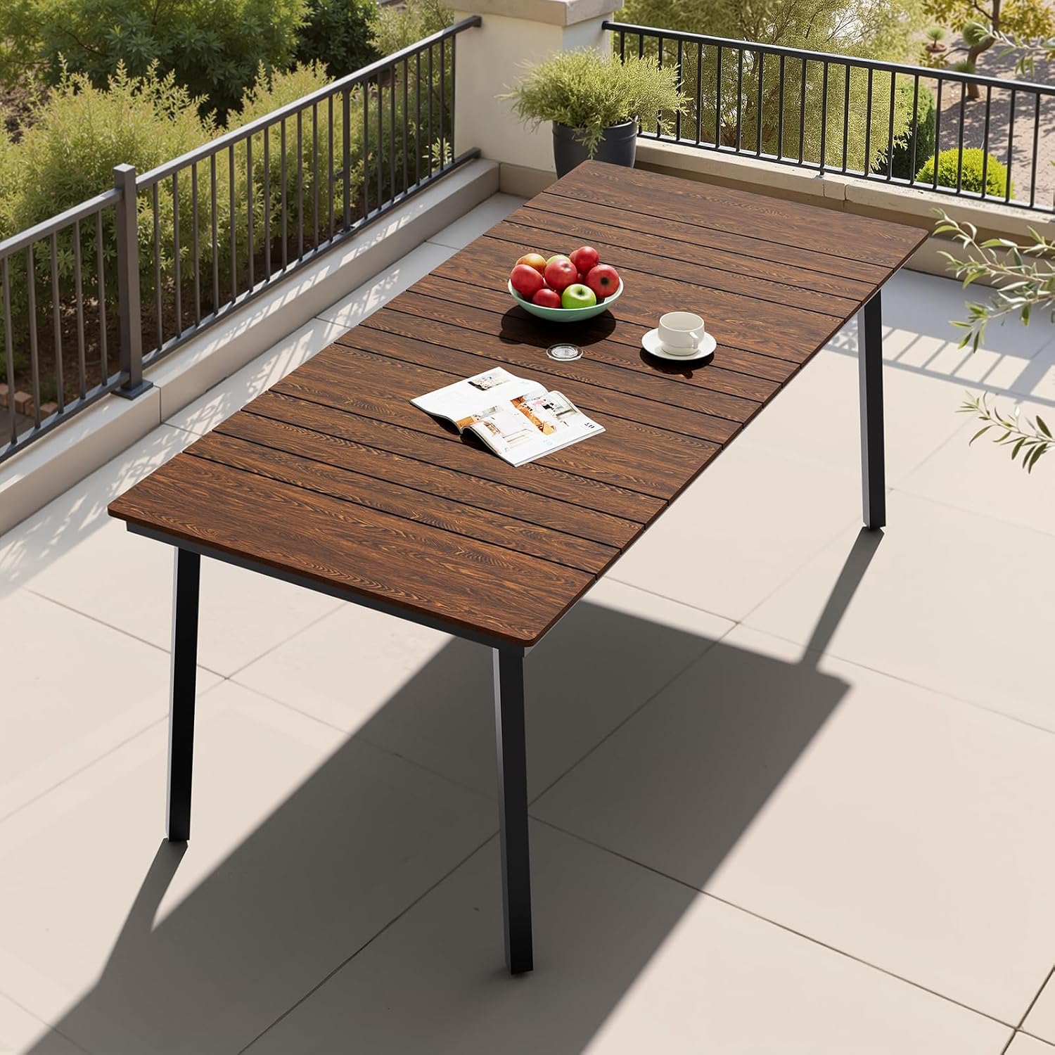 Crestlive Products Outdoor Dining Table for 6, 70' Rectangular Patio Table with Metal Frame 1.6" Umbrella Hole for Backyard Balcony Garden, Walnut