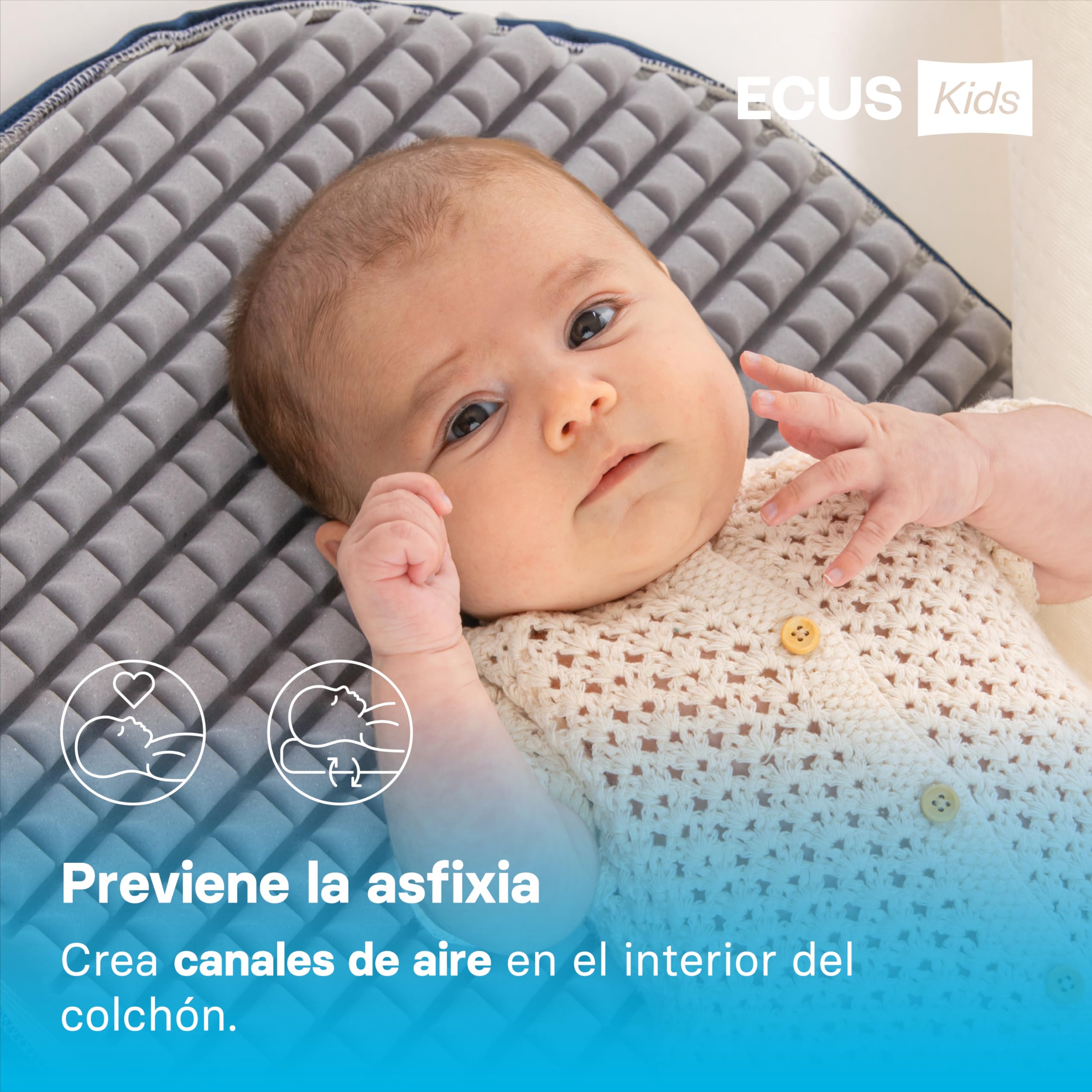 Ecus Kids, Colchón de Capazo Care Mini 75x40 cm, Hipoalergénico con Tratamiento Antimicrobiano, Extra Transpirable, Firmeza Adecuada, Tejido Xtra-Cool con Altura 5 cm