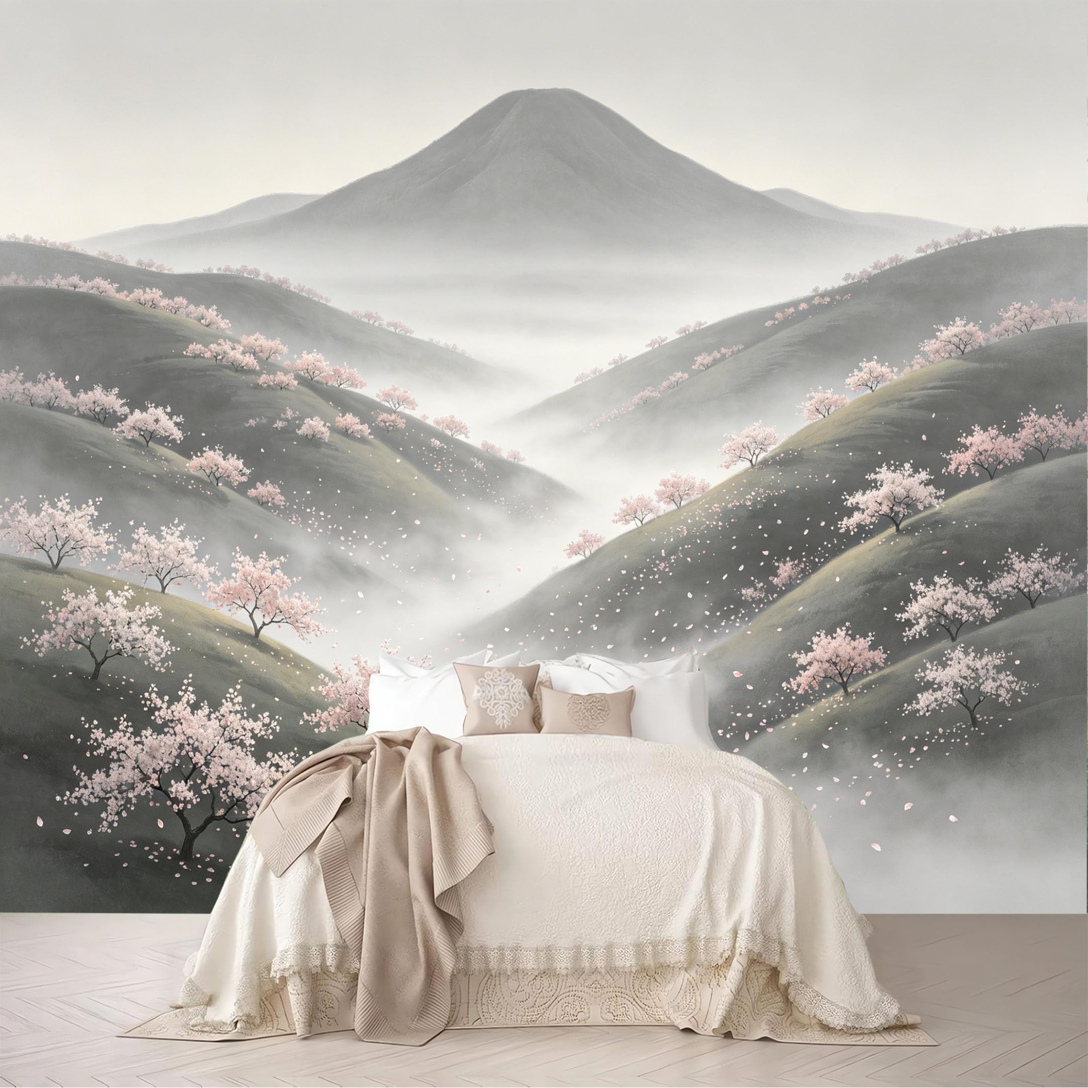 Custom Size Wall Mural Misty Hills Cherry Blossom Valley Oriental Mountain Scenery Removable Self Adhesive Peel and Stick Wallpaper for Bedroom Living Room