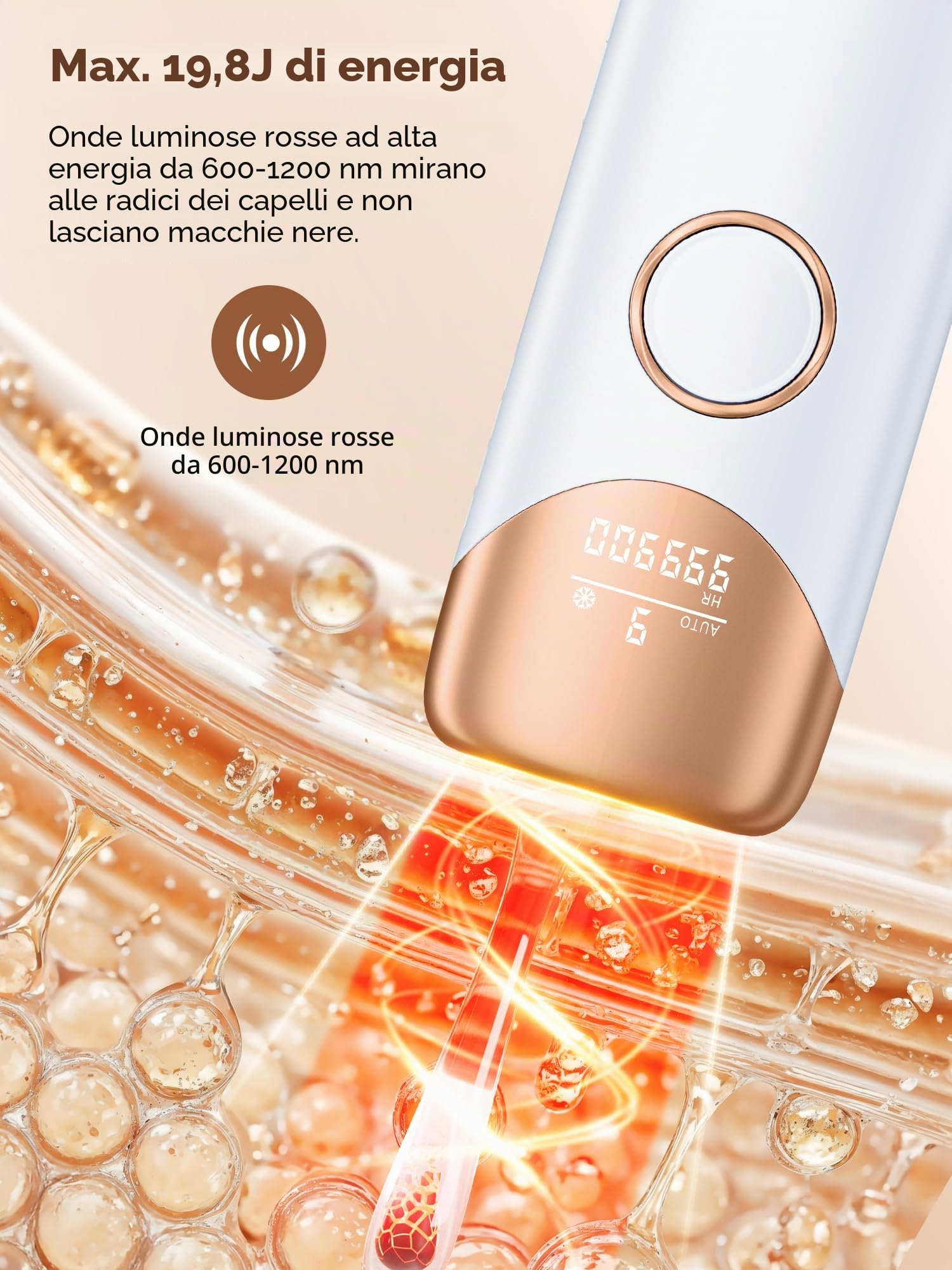 Epilatore Luce Pulsata IPL Indolore IP, Epilatore Laser con Raffreddamento,9 Livelli Regolabili Dispositivo Depilazione per Donna e Uomo, Viso Corpo Ascelle, Bianco Dorato