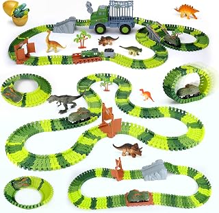 JuanKidbo Dinosaur Toys Race Track, Flexible Dino Track Playset, Dinosaur Train Toys, Dinosaur Race Cars with Lights and Dinosaur Magic Track Set Gift for 3 4 5 6 Years old Children, Black (P805JSEU)