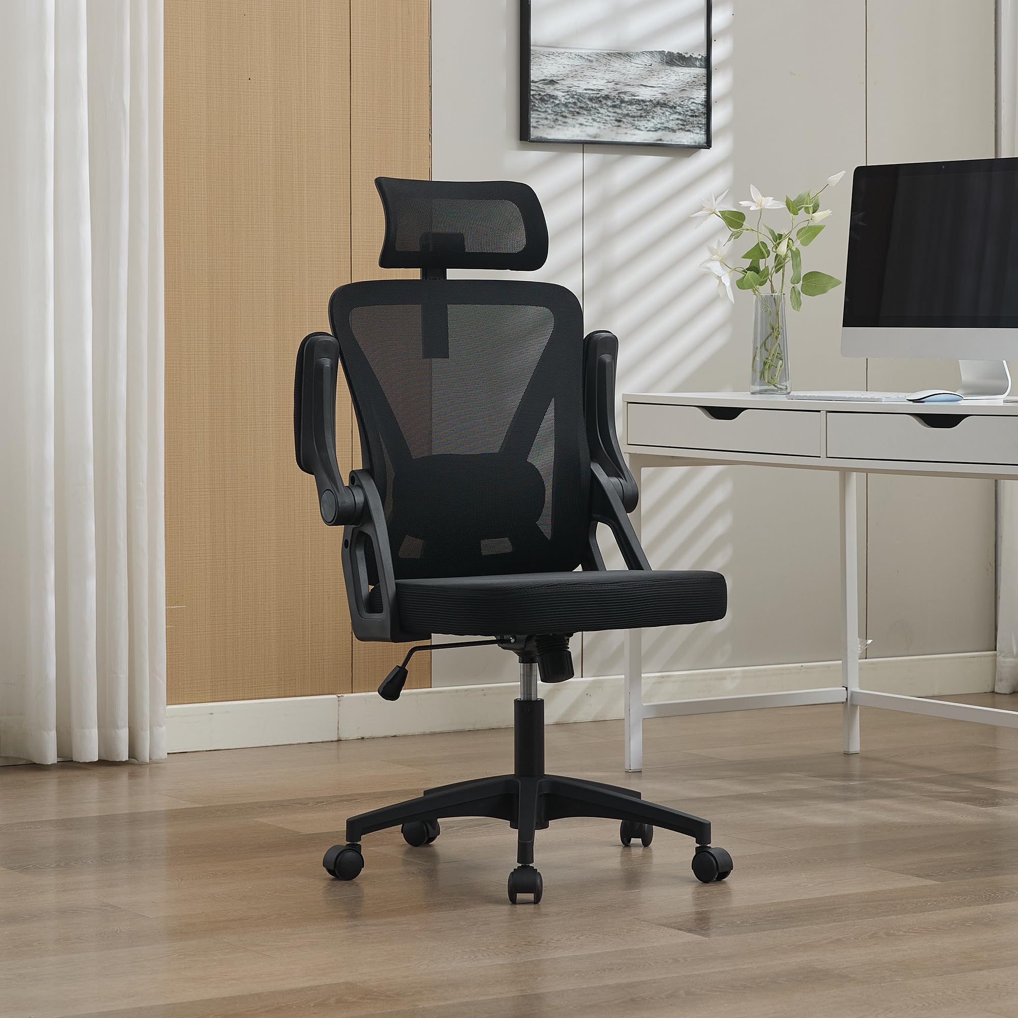 Ergonomischer Bürostuhl Netz Schwarz, Lordosen- & Kopfstütze verstellbar, hohe Lehne, für Homeoffice & Büro – Black