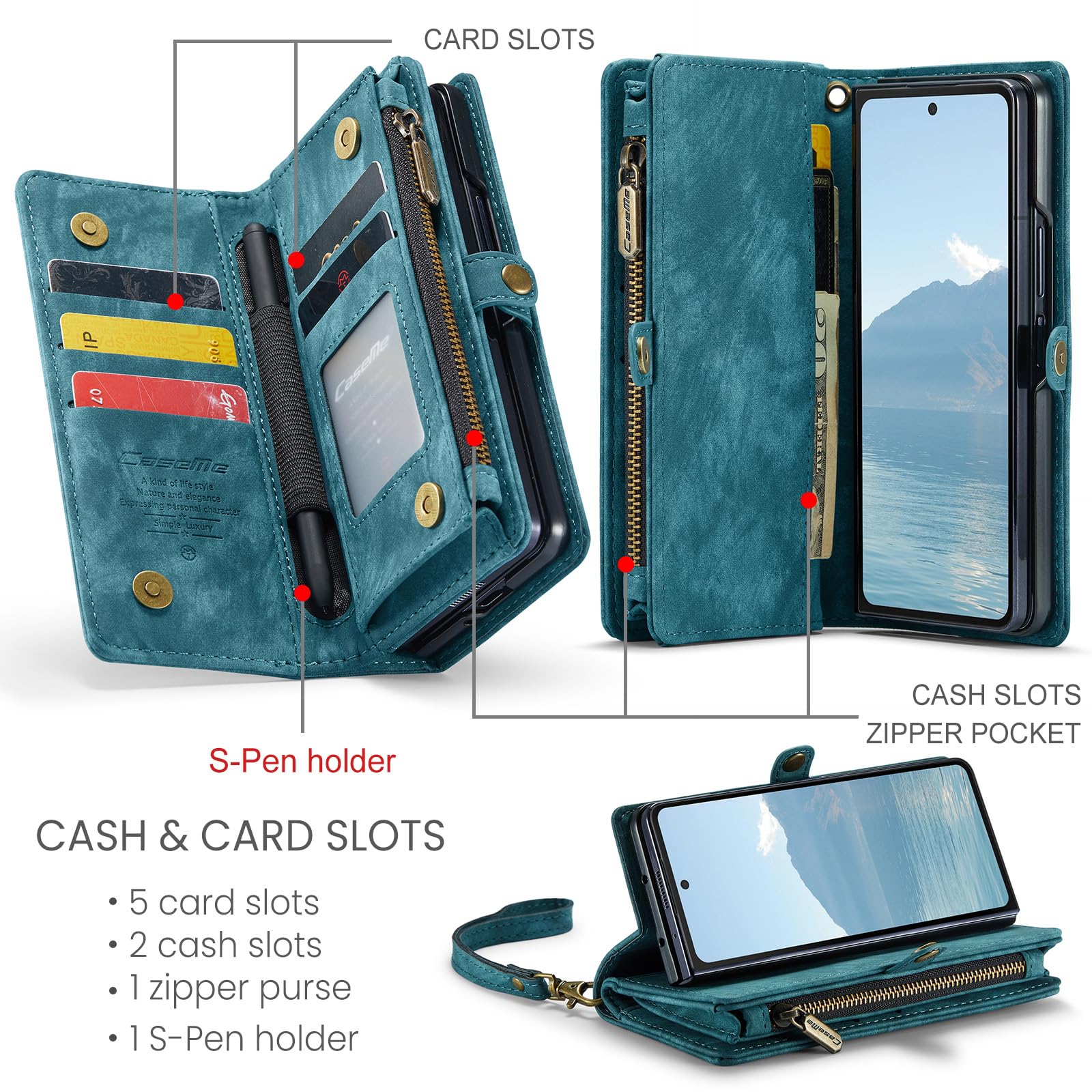 UFinetech Z Fold 6 Case, Shockproof Card Holder Flip Zipper Slots Wallet Cover for Galaxy Z Fold6 Case, Built-in S-Pen Holder - Image 2