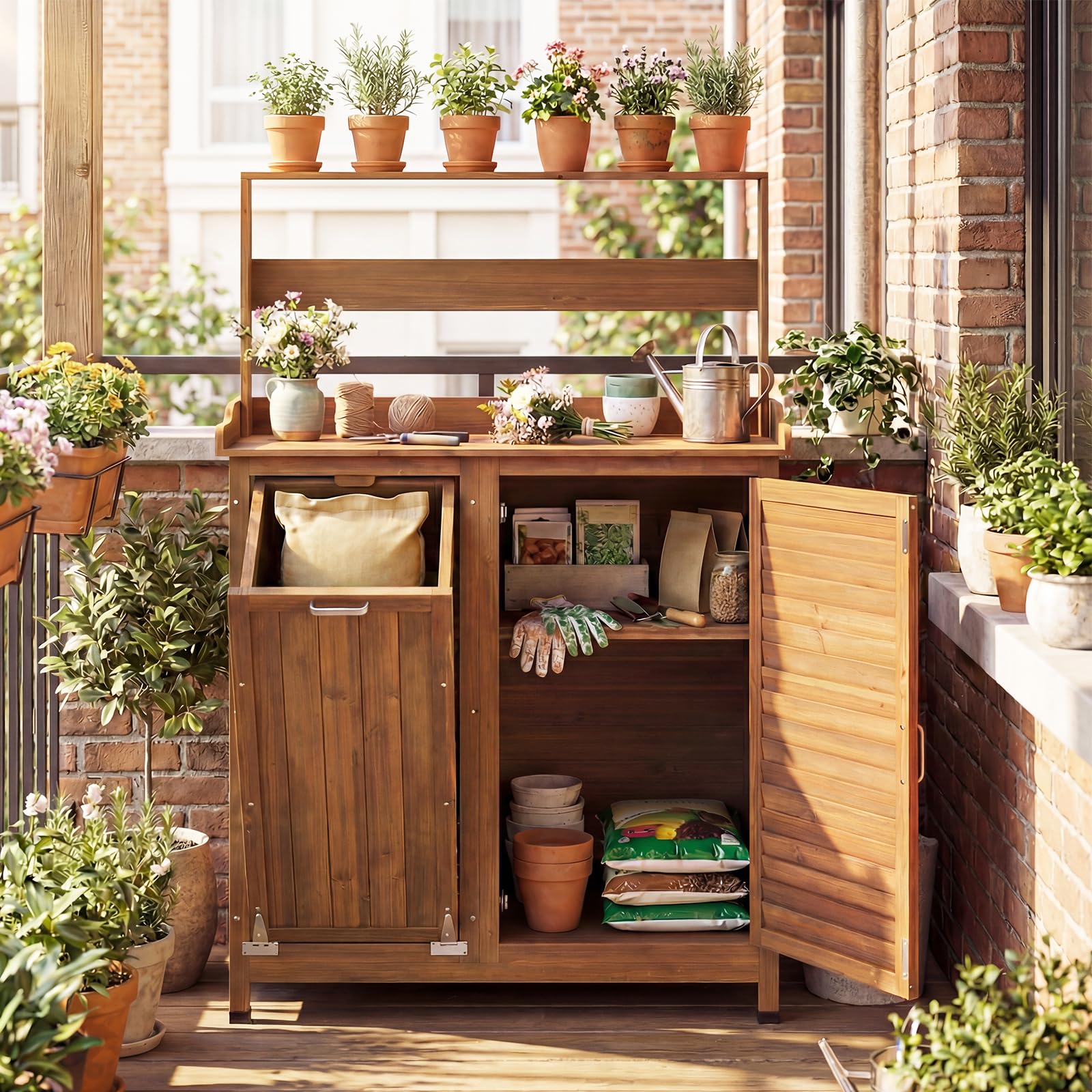 COSTWAY Tavolo da Giardinaggio, Armadietto da Esterno in Legno Massello con Ripostiglio, Ripiani Rimovibili e 2 Ante, Tavolo da Lavoro per Piante da Giardino, Prato e Cortile