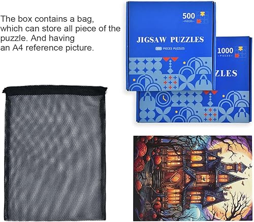 Miniatura 7 de Rompecabezas de calabaza de Halloween para adultos de 1000 piezas, rompecabezas colorido con bolsa de almacenamiento de malla, rompecabezas