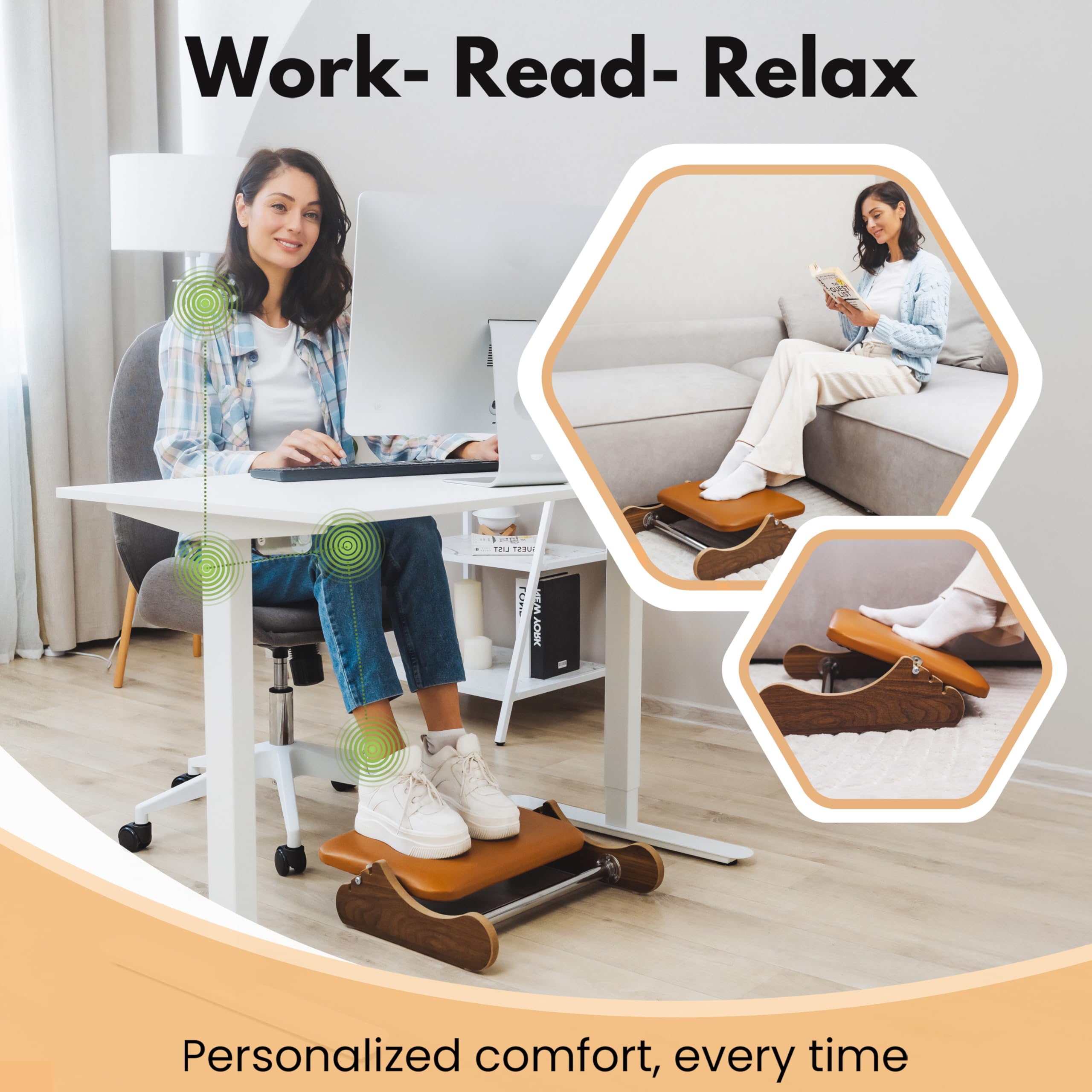 Reposapiés de oficina de piel sintética - Reposapiés ergonómico ajustable con palanca - Mejora la postura - Fácil de limpiar - Estilo Premium Madera