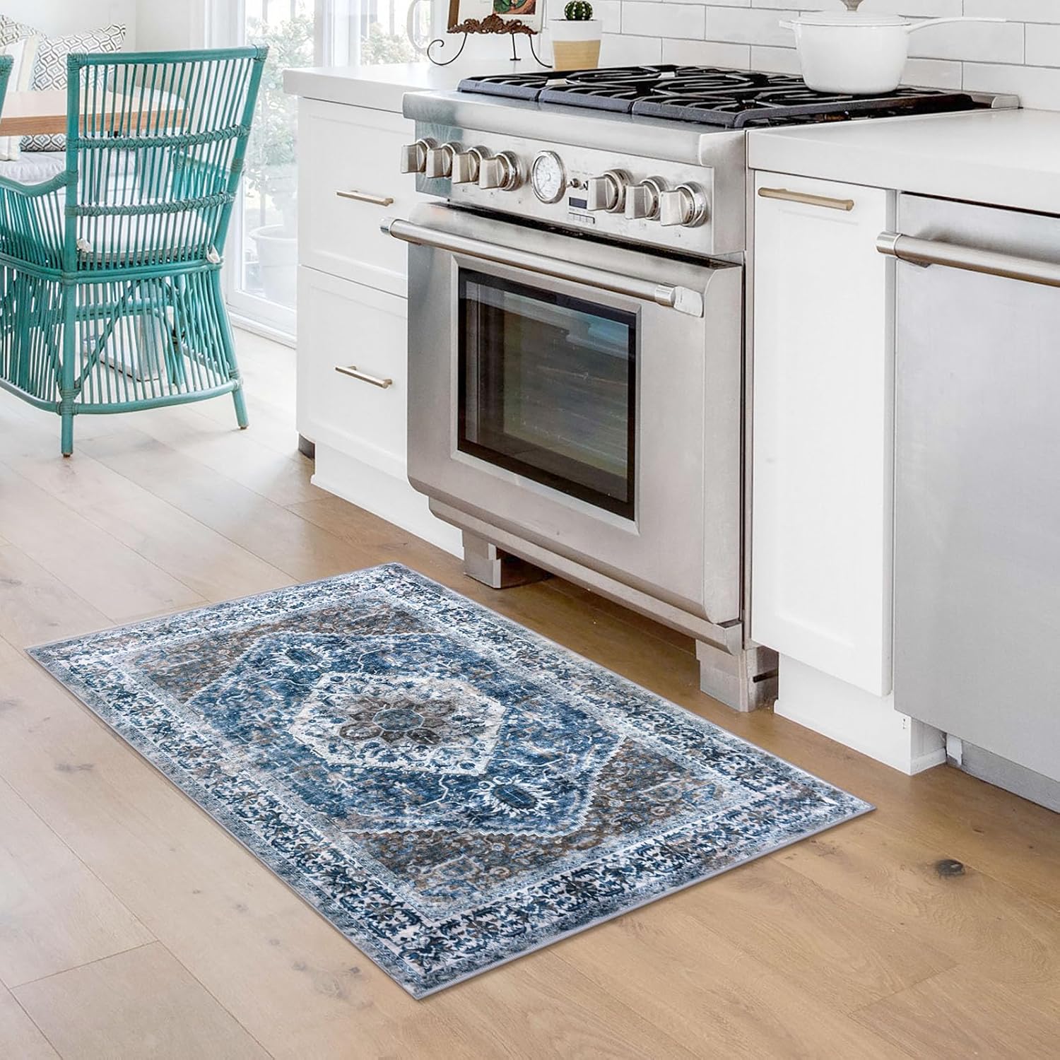 KOZYFLY Small Area Rug 2x3 Ft Rugs for Entryway Washable Boho Entry Rug Non Slip Door Mat Indoor Entrance Blue Printed Faux Wool Vintage Printed Kitchen Rug Throw Rugs for Entrance Kitchen Bathroom - Image 2
