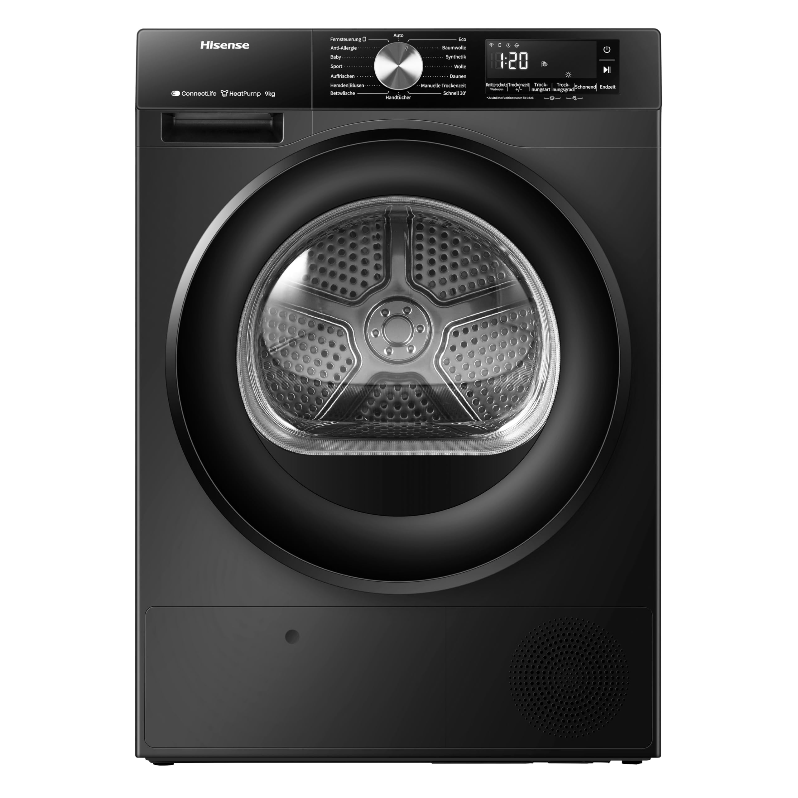 Hisense DH3S902BBCC Kondenstrockner mit Wärmepumpe / 9KG / 16 Programme/ConnectLife/Autodry/QuickDry/Allergie-Pflege/Auffrischen/TwinAir/DelayEnd/Feuchtesensor/EEK: C/Schwarz