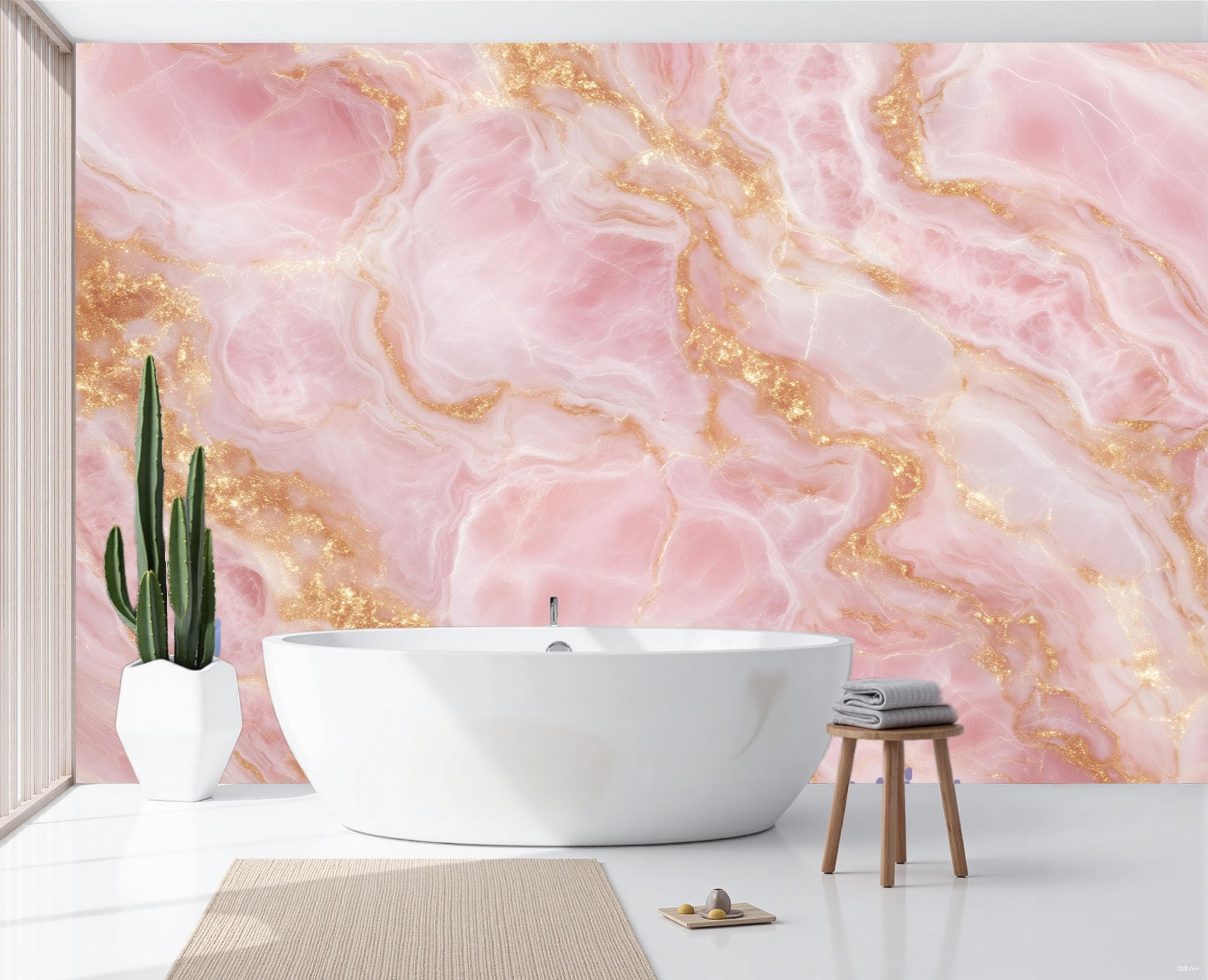 Papier peint panoramique marbre et feuilles d'or 3D intissé rose pour salon en 200x140cm
