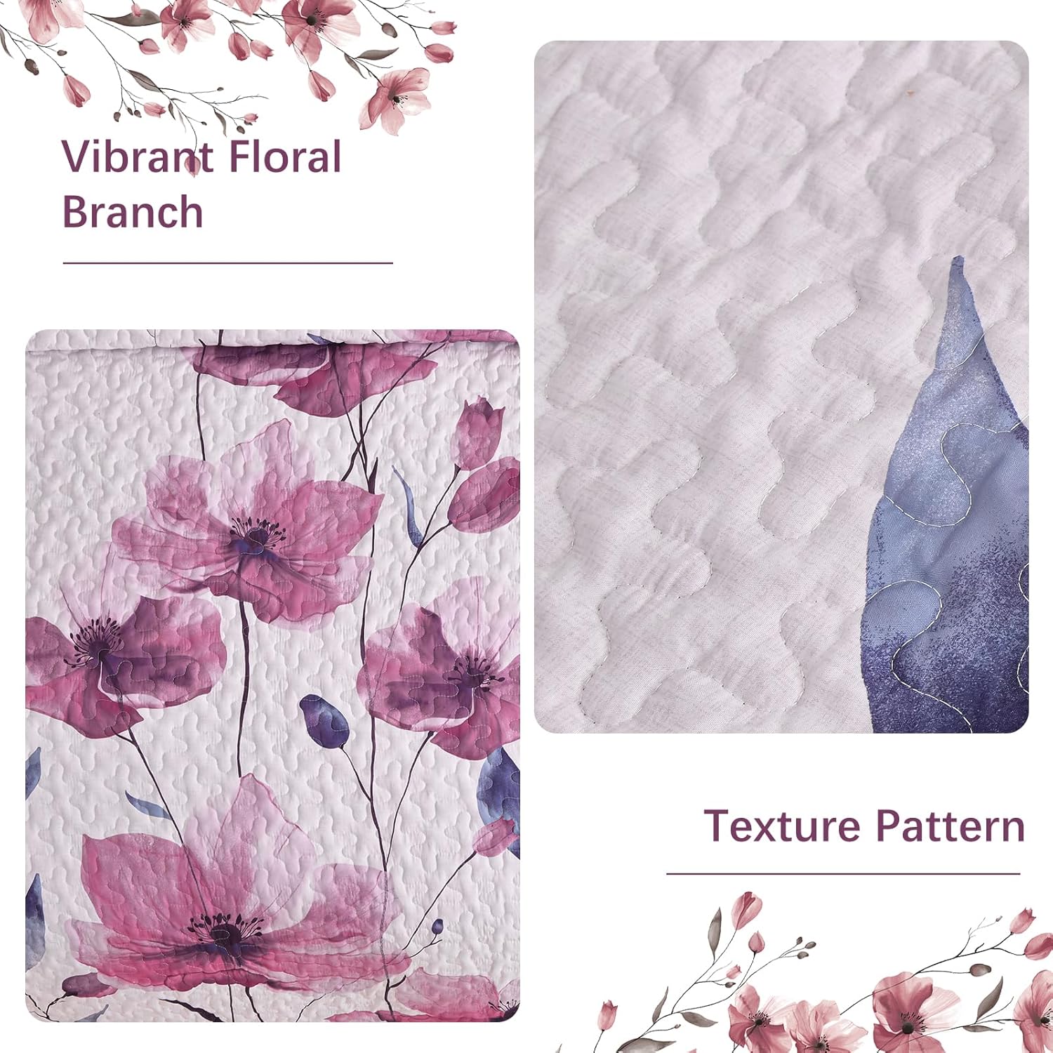 Mybedsoul Floral Quilt Set Queen Size, 3 Pieces Rose Pink Bedspread Coverlet Set, Lightweight Farmhouse Botanical Bedding Set for Fall Winter All Season(96"x90")