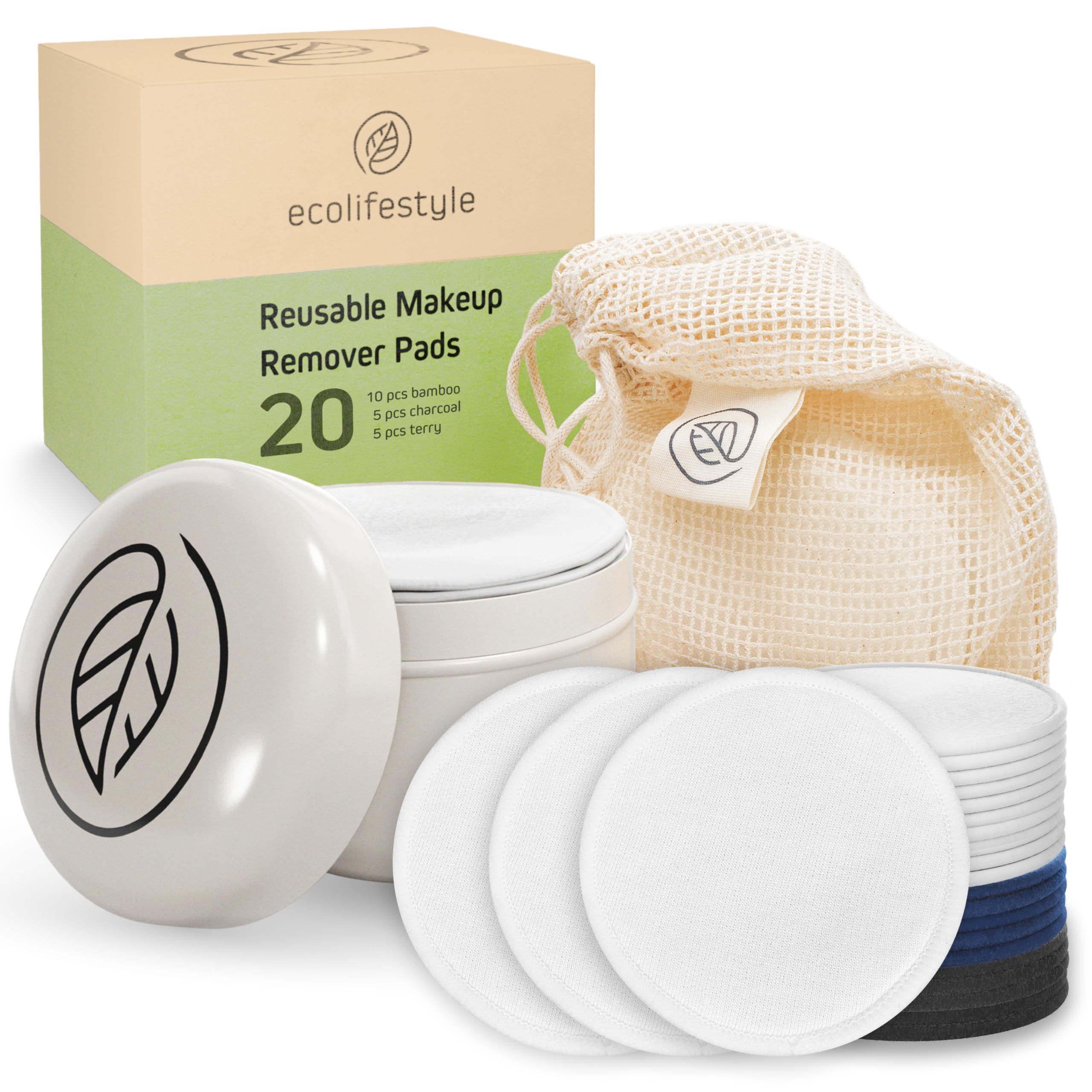 Reusable Makeup Remover Pads (20 Pack) - Reusable Cotton Rounds with Laundry Bag & Metal Storage Box | Eco-Friendly, Zero Waste | Bamboo, Terry & Charcoal Washable Face Pads