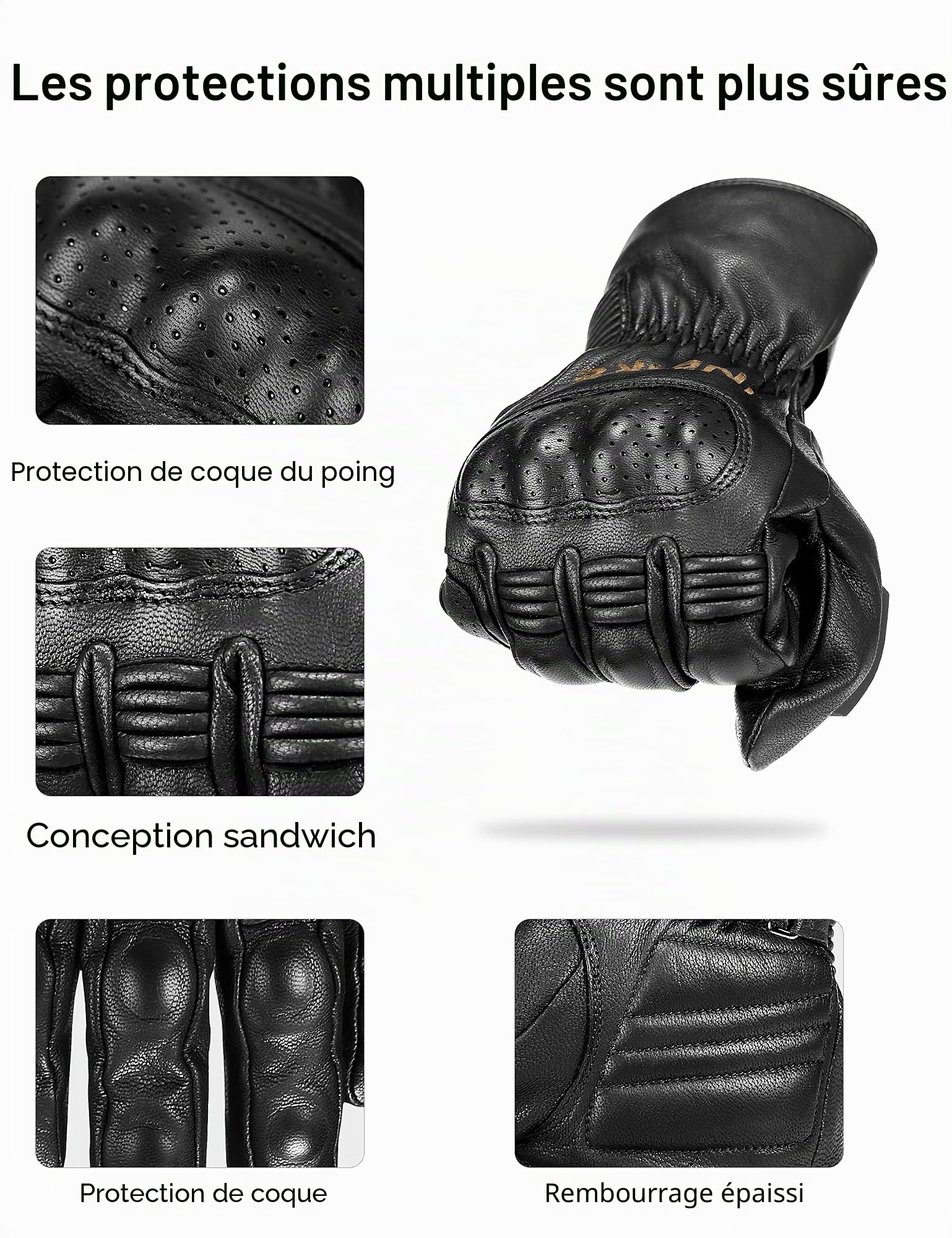 INBIKE Gants Moto Homme Hiver Chauffants 100% Cuir Coqués Protection pour Moto Cross Scooter Chauds Coupe-Vent Respirant Imperméables