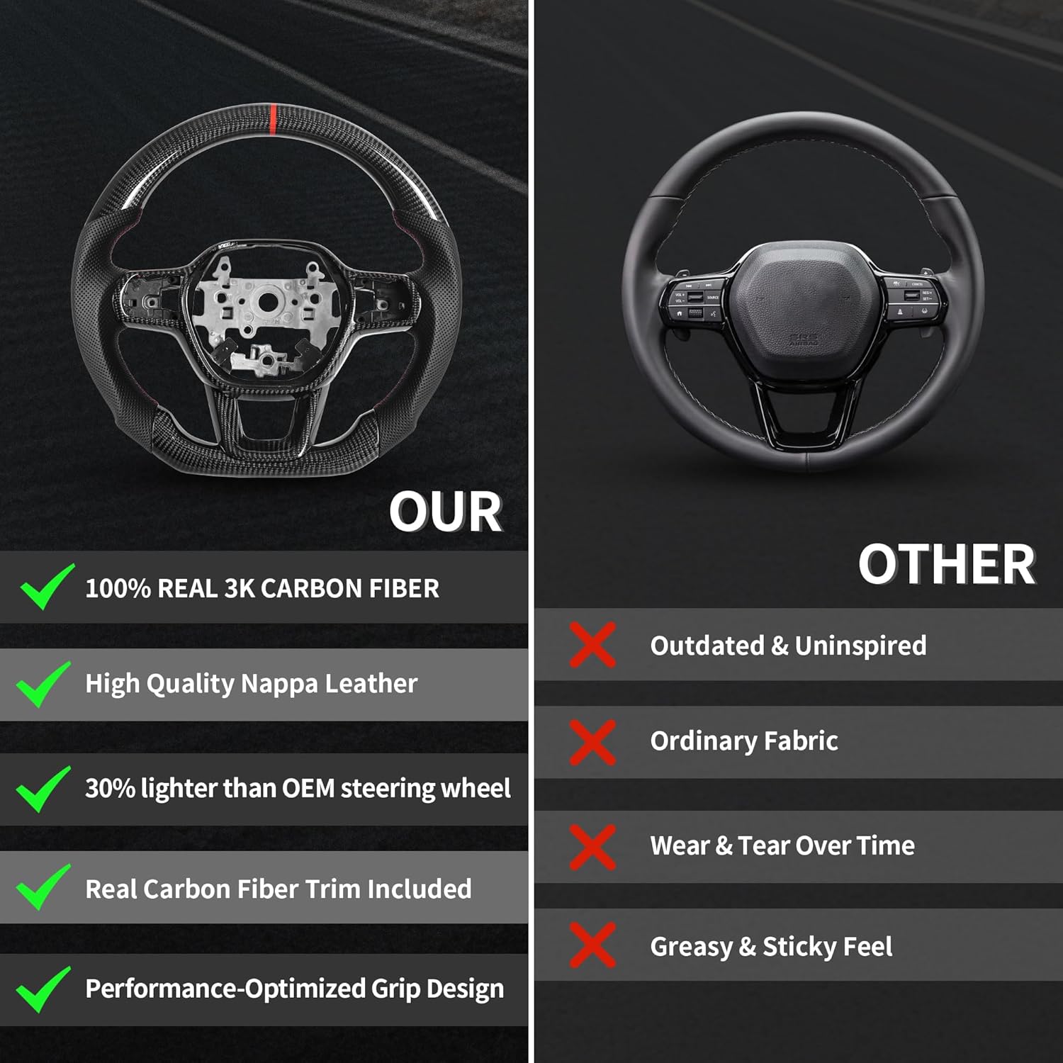 Carbon Fiber Steering Wheel for Honda Civic 2022-2024 Gen 11th, D-shaped Flat-bottom Nappa Perforated Leather Grip with Replacement Trim,with Red Center Mark