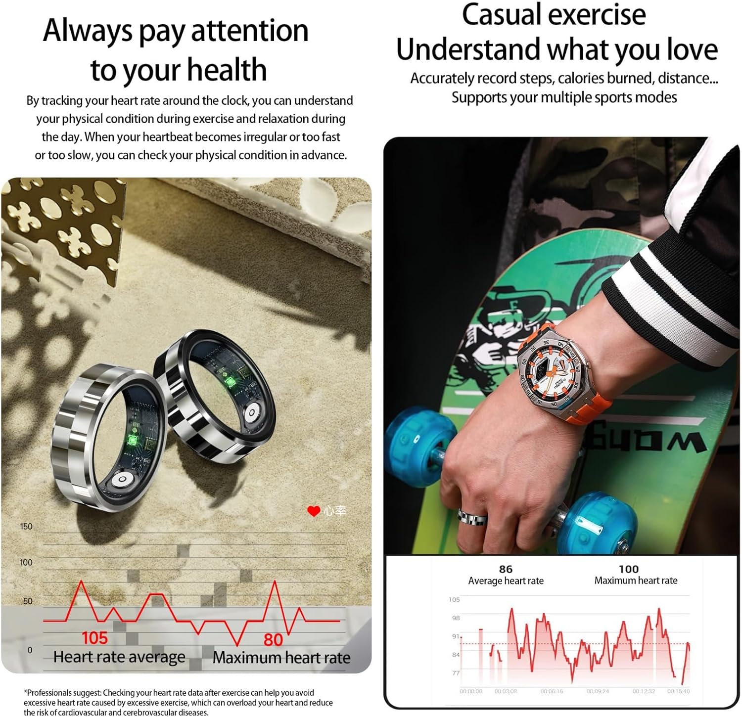 Taoke Smart Ring, Health Fitness Tracker with Heart Rate Blood Oxygen Sleep Tracker Steps Tracker IP68 Waterproof Fitness Ring with Charging Base (Silver, 8)