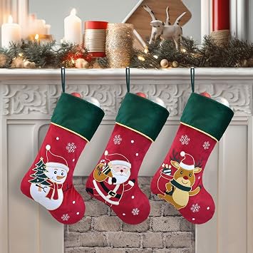 Red and Green Velvet Christmas Stocking 3 Pack Large Embroidery