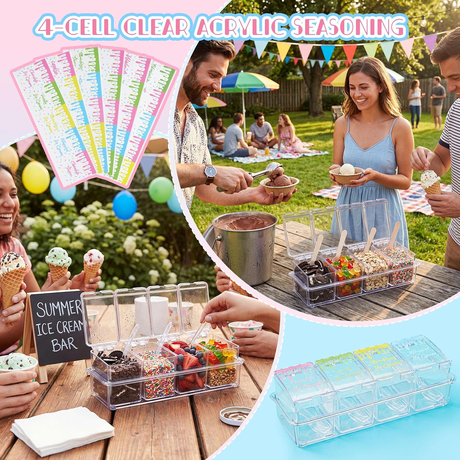 Ice Cream Toppings Bar Kit Ice Cream Bar Supplies 4-cell Clear Acrylic Seasoning Spice Box with Cover and Spoon Chocolate Chips Fruits Storage Container