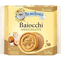 Mulino Bianco Biscotti Baiocchi Nocciolatte, Cialde di Pastafrolla Farcite con Crema alle Nocciole 100% Italiane da Filiera Sostenibile, Snack Ideali per Colazione o Merenda, Senza Olio di Palma, 168g