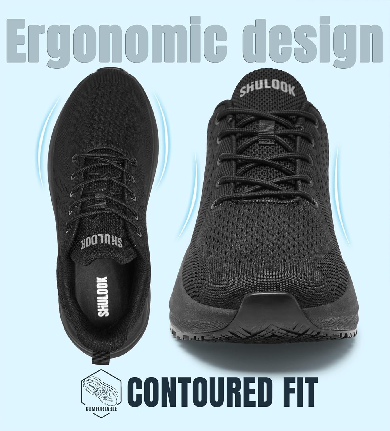 SHULOOK Men's Non Slip Work Shoes Arch Support Slip-Resistant Kitchen Chef Restaurant Food Service Water-Resistant Nurse Shoe Comfortable Mesh Breathable Walking Sneakers Black
