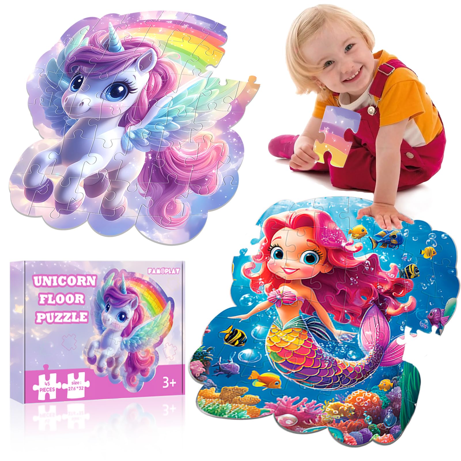 45pcs Unicorn & Mermaid Double-Sided Floor Puzzles, Ages 3-8, 27.6x32 In, Waterproof, EVA Material, Jumbo Jigsaw Puzzle, 1 Set of 45 Pieces