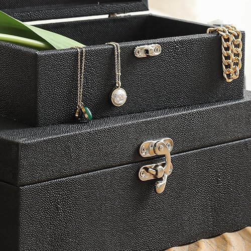 Miniatura 7 de Juego de 2 cajas de almacenamiento decorativas de piel sintética Shagreen, color negro