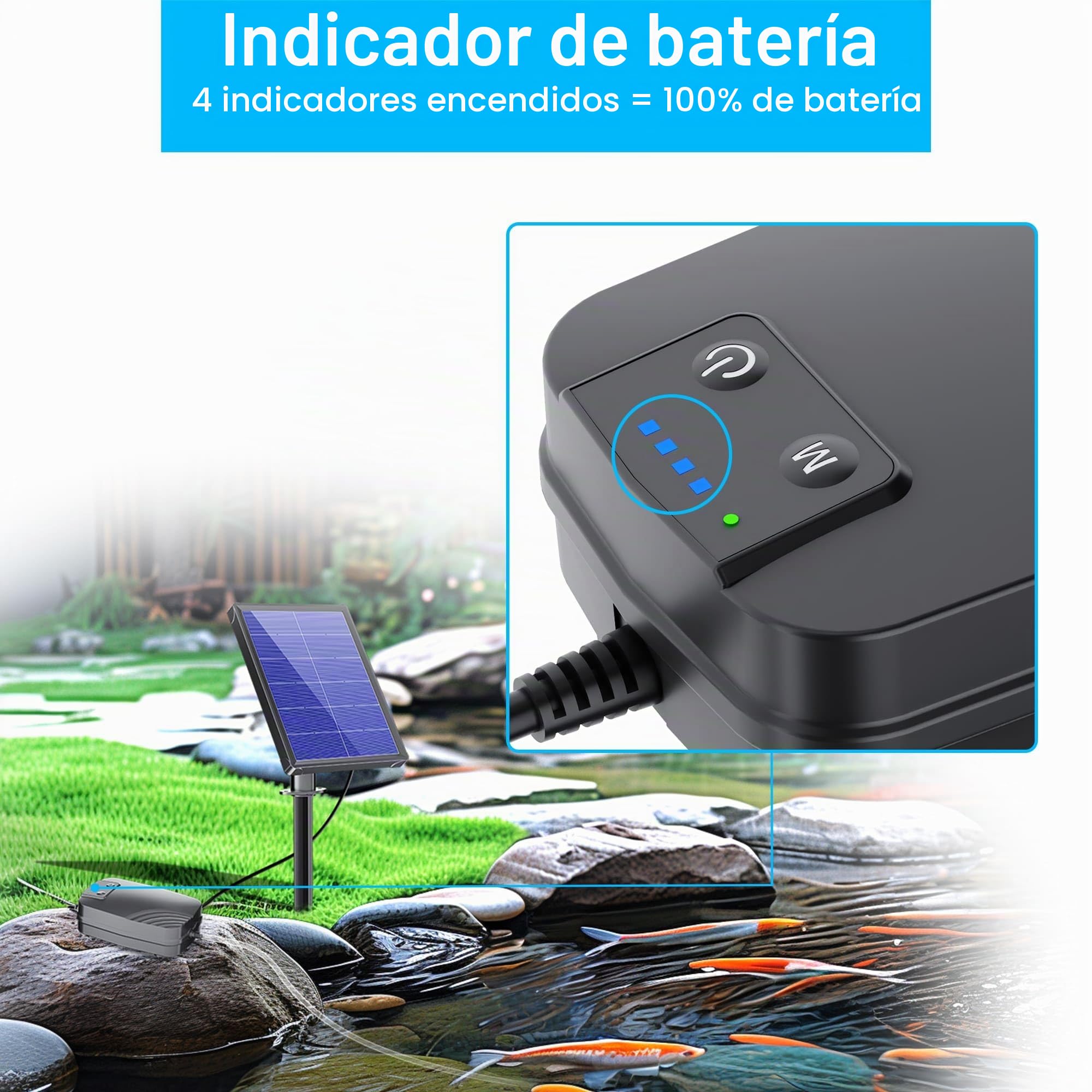 Biling Bomba de Oxígeno para Estanque Solar, 4W Bomba de Oxígeno con 2200mAh akk, Bomba de Oxígeno para Estanque, 3 Modos, 2 Piedras de Aire para Estanque de Jardín, Pesca, Hidropónica