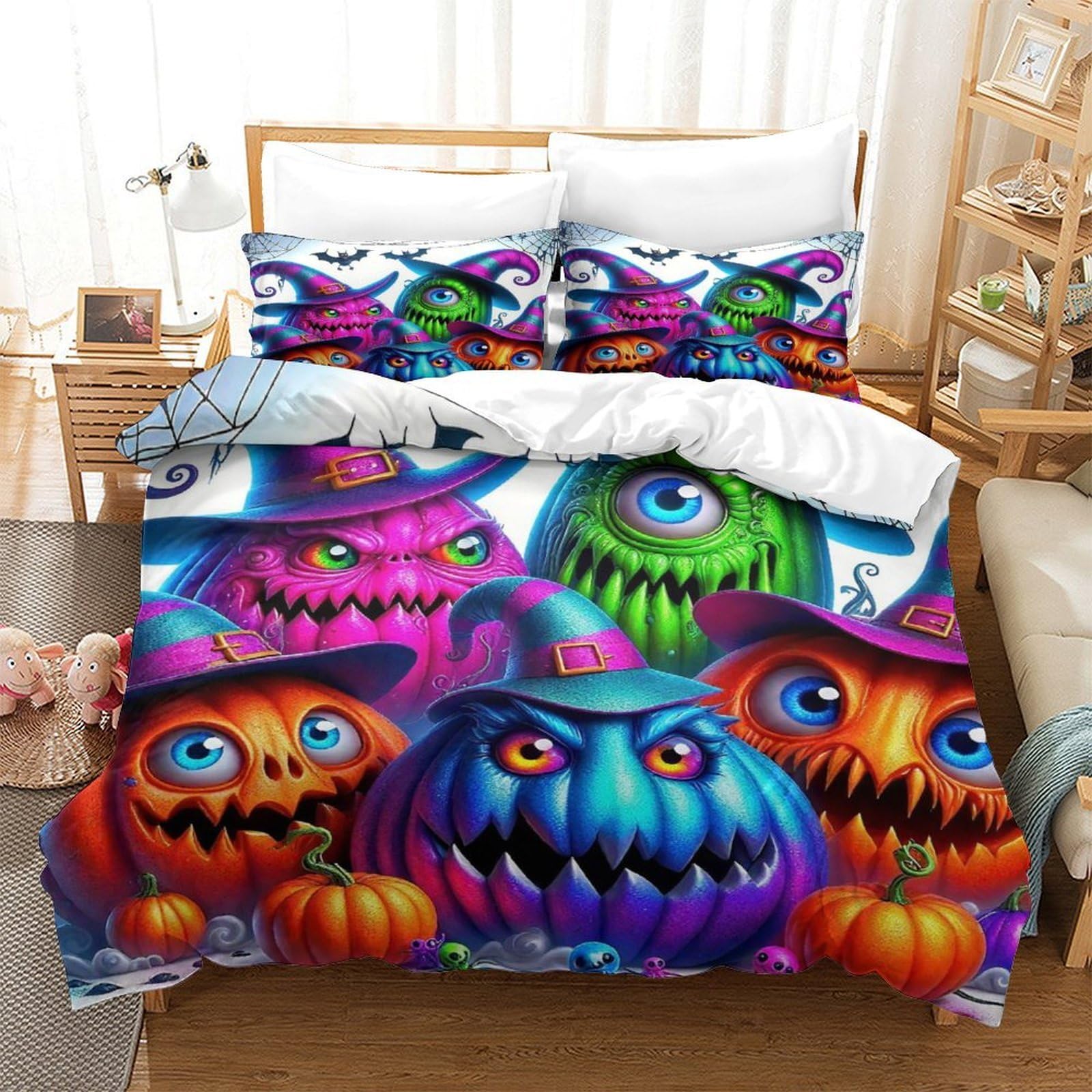 Housse de couette Halloween 3D King 220x240 en microfibre avec motifs citrouilles et taies