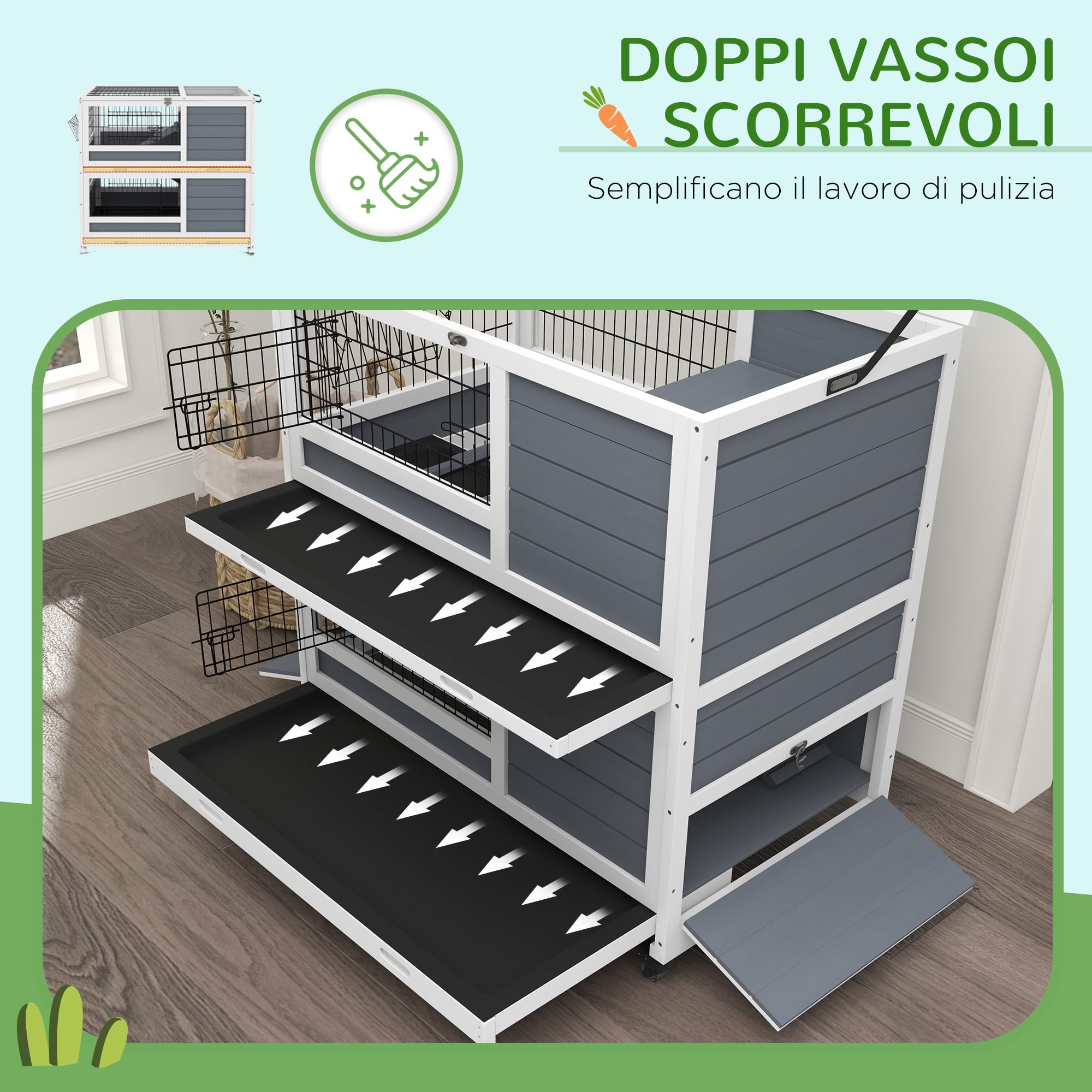 PawHut Conigliera da Interno a 2 Livelli in Legno, Casetta per Conigli e Porcellini d'India con Vassoi Estraibili, Ruote e Rampe, Grigio
