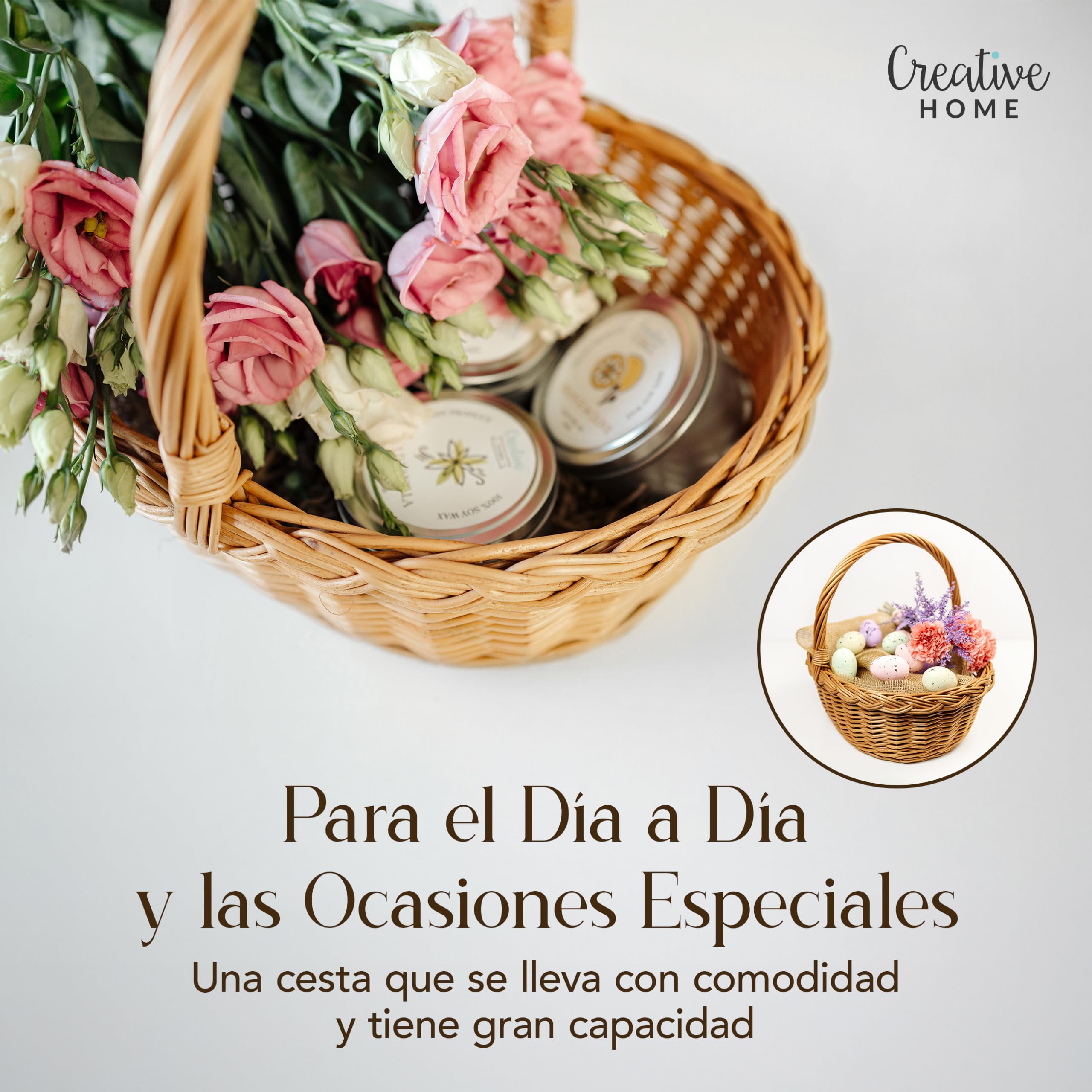 Creative Home Cesta de Mimbre Pascua con Asa | Marrón Natural | 35x30x35cm | (+/-1cm) | Ligera | para Regalo Picnic Plantas Almacenaje Decoración | Tejida a Mano | Multiuso, Práctica y Duradera