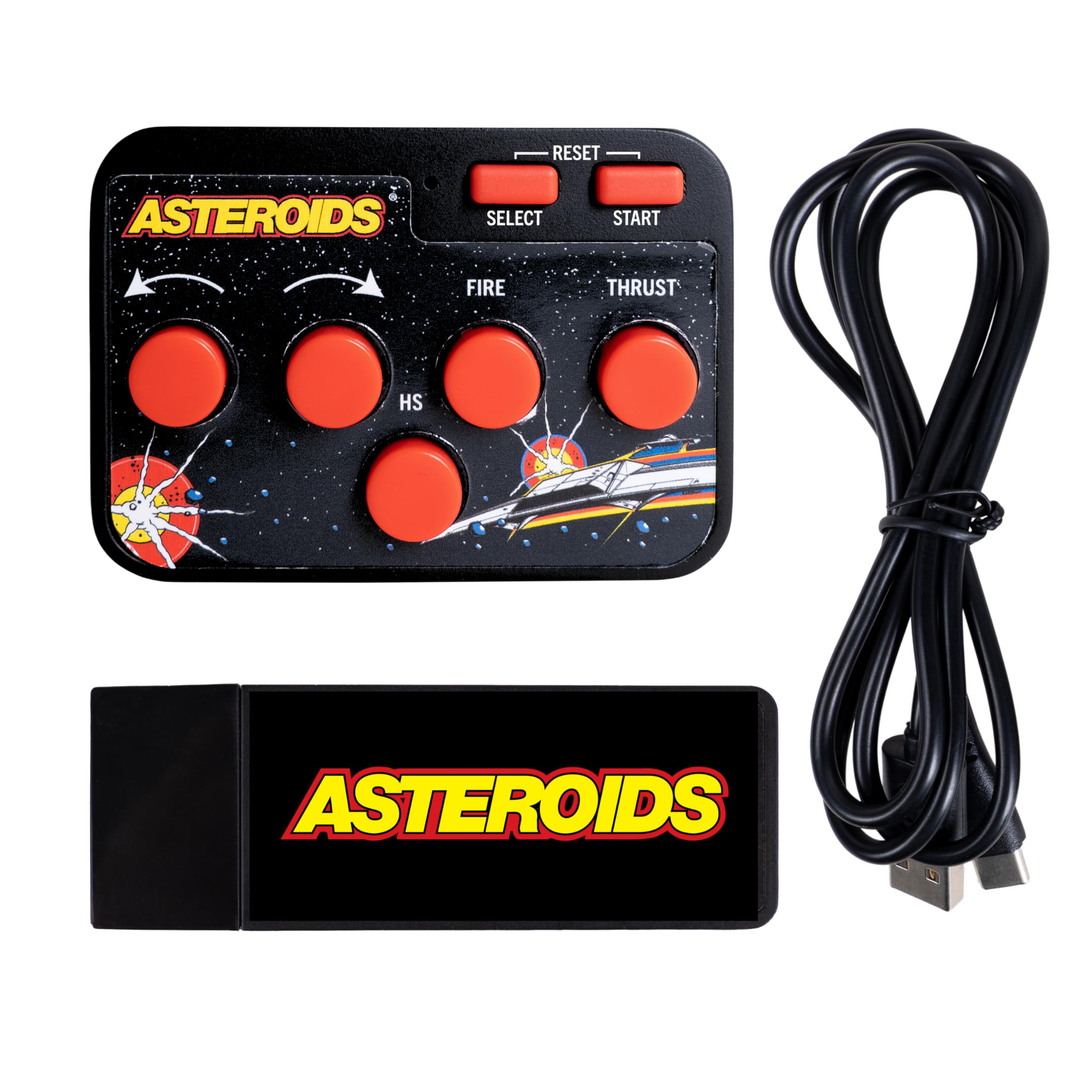 Fizz Creations Asteroids Plug & Play HDMI Arcade konsola do gier z bezprzewodowym kontrolerem. Klasyczna gra retro do telewizora, rodzinne gry retro, prezent nostalgiczny.