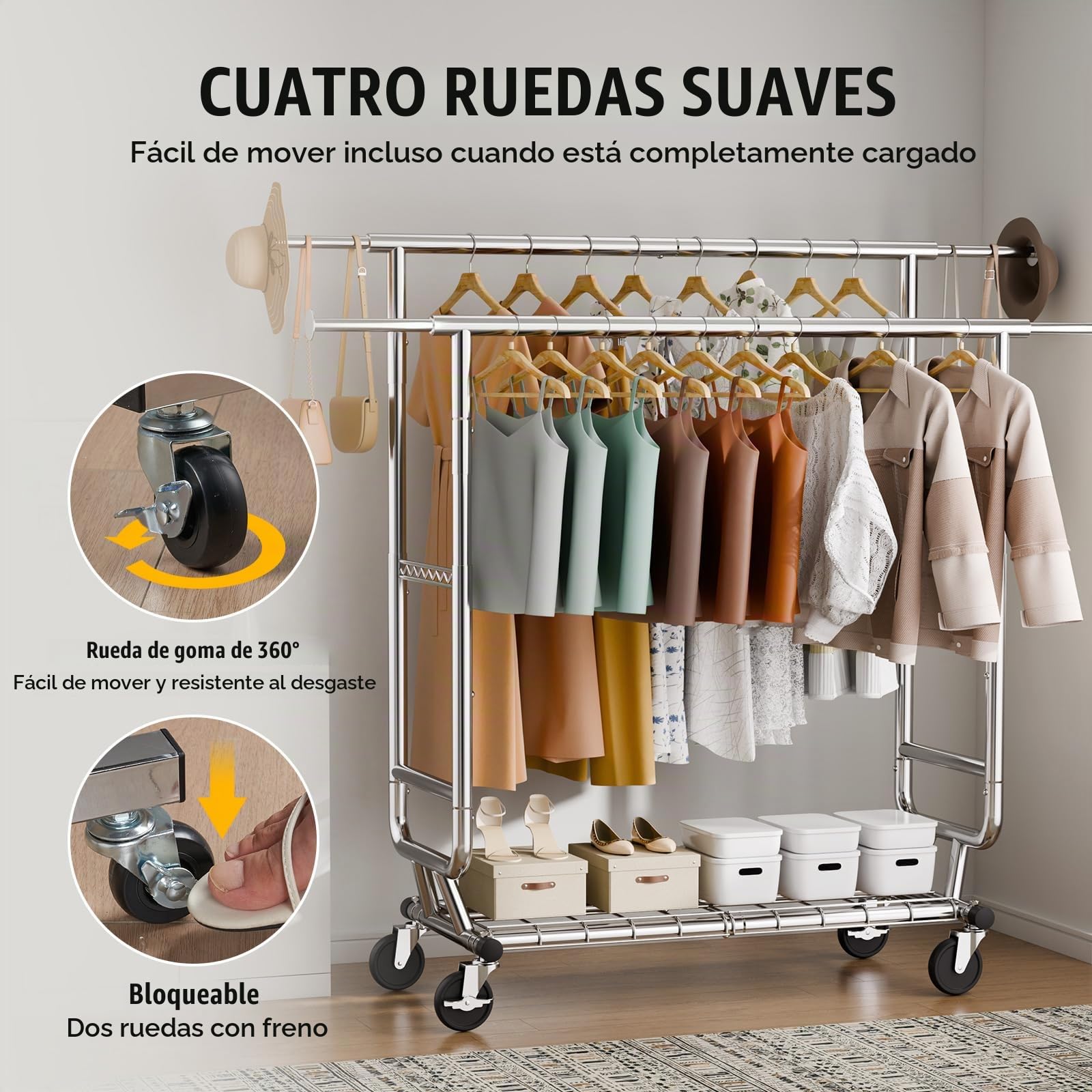 VEVOR Perchero Burro para Ropa con 4 Ruedas de 1 Estante y 2 Barras Longitud Extensible de 128-191 cm Altura de 144-187 cm Perchero de Acero Carga de 272 kg para Almacenaje de Ropas en Dormitorios