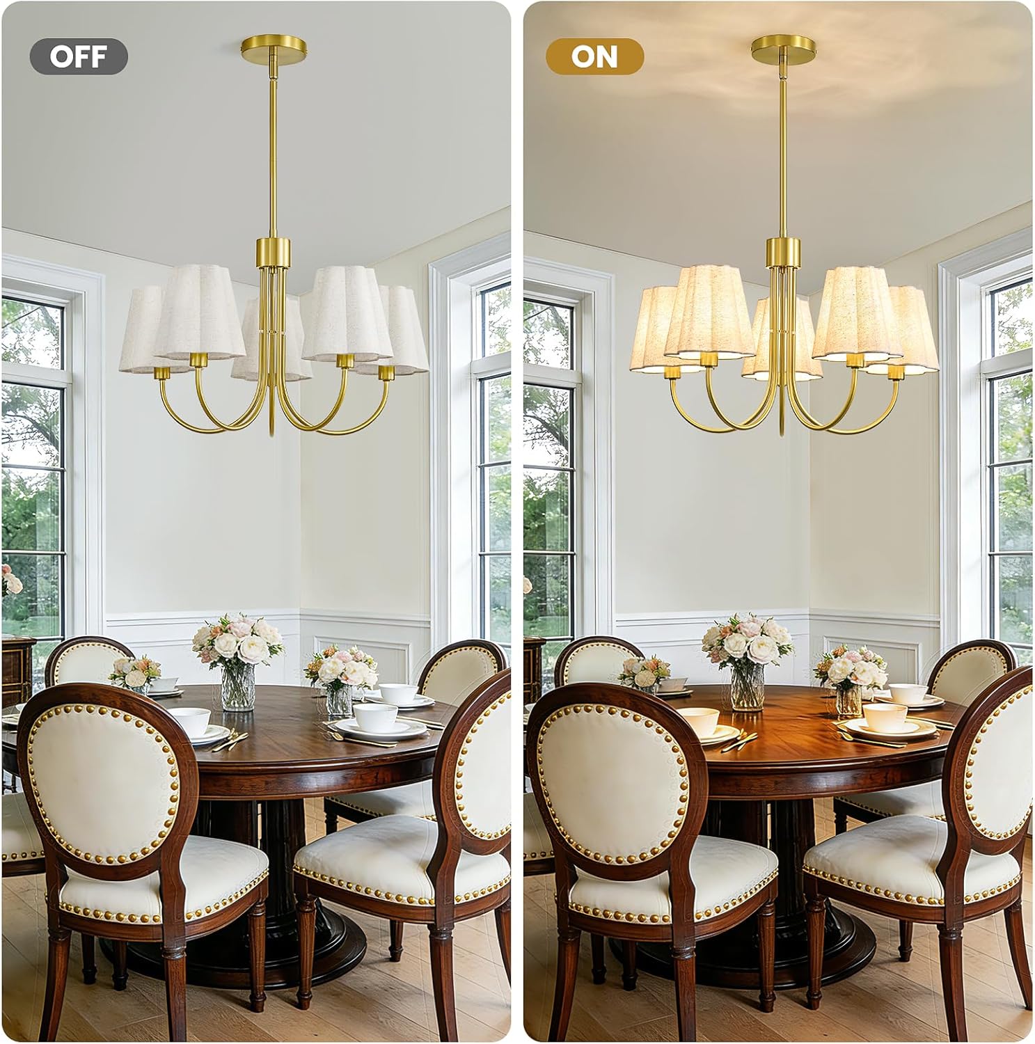 Gold 5 Light Chandelier for Dining Room, Fabric Shade Adjustable Hanging Chandelier Lighting Fixture, Modern Classic Ceiling Chandeliers for Kitchen Island Bedroom