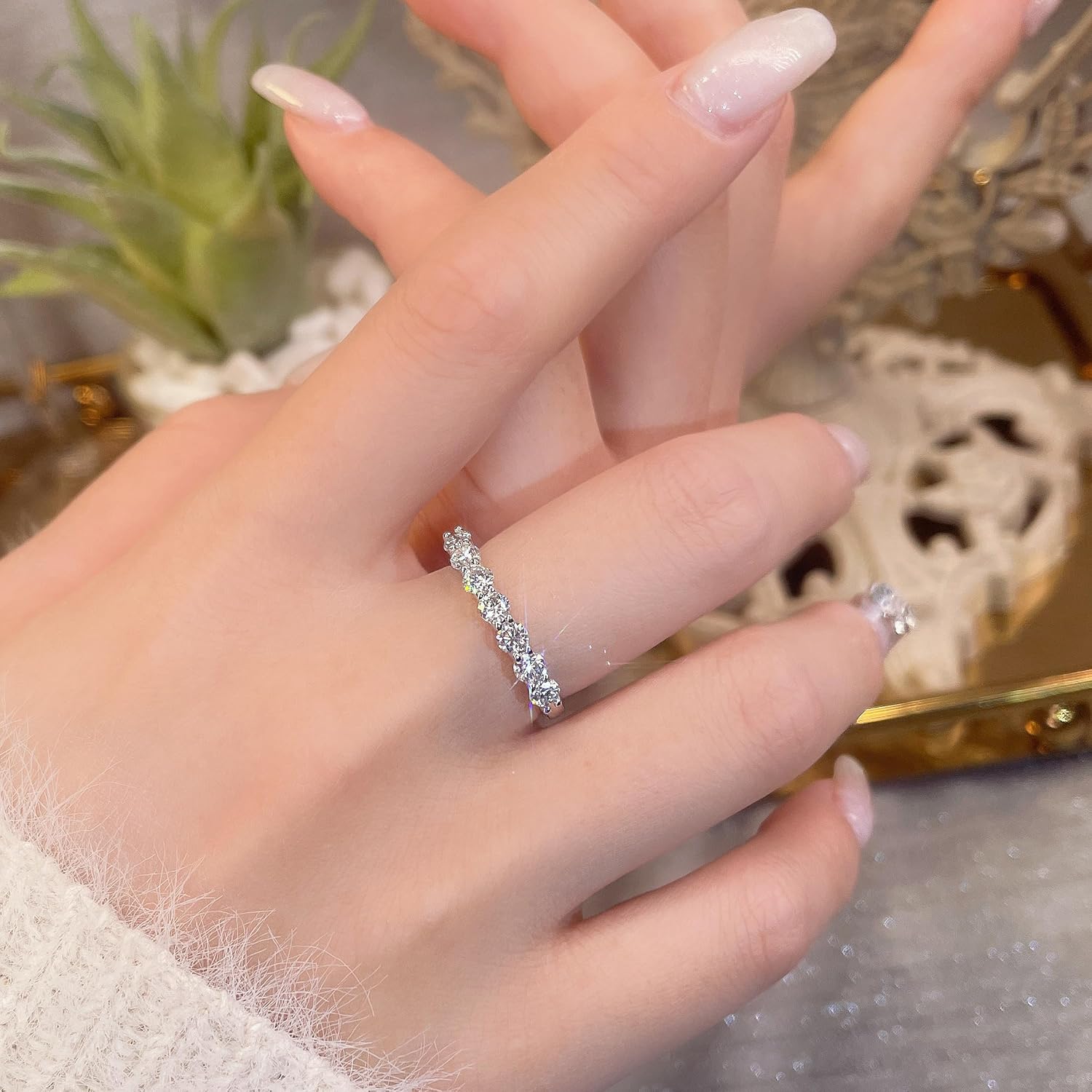 YSDD 7 Stone Moissanite Wedding Bands for Women, 7 * 0.1ct Eternity Bands Rings D Color VVS1 Clarity 925 Sterling Silver Promise Anniversary Stackable Engagement Rings